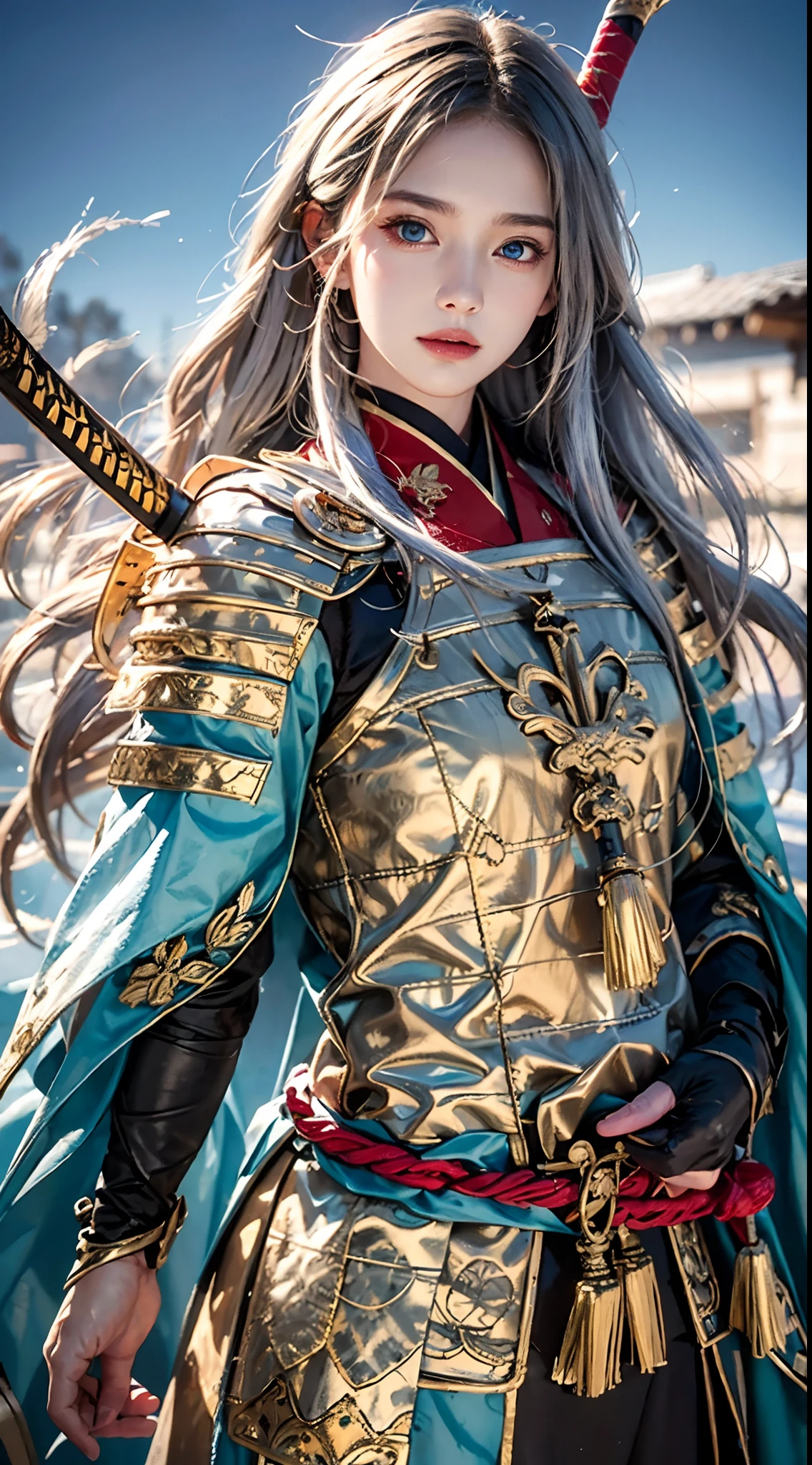 photorealistic, masterpiece, photorealistic, high resolution, soft light, hips up, blue eyes, white hair, long hair, Intricate details EABA, cloaks, spear, Samurai, Armor, Japanese Katana Sword, warrior, samurai helmet