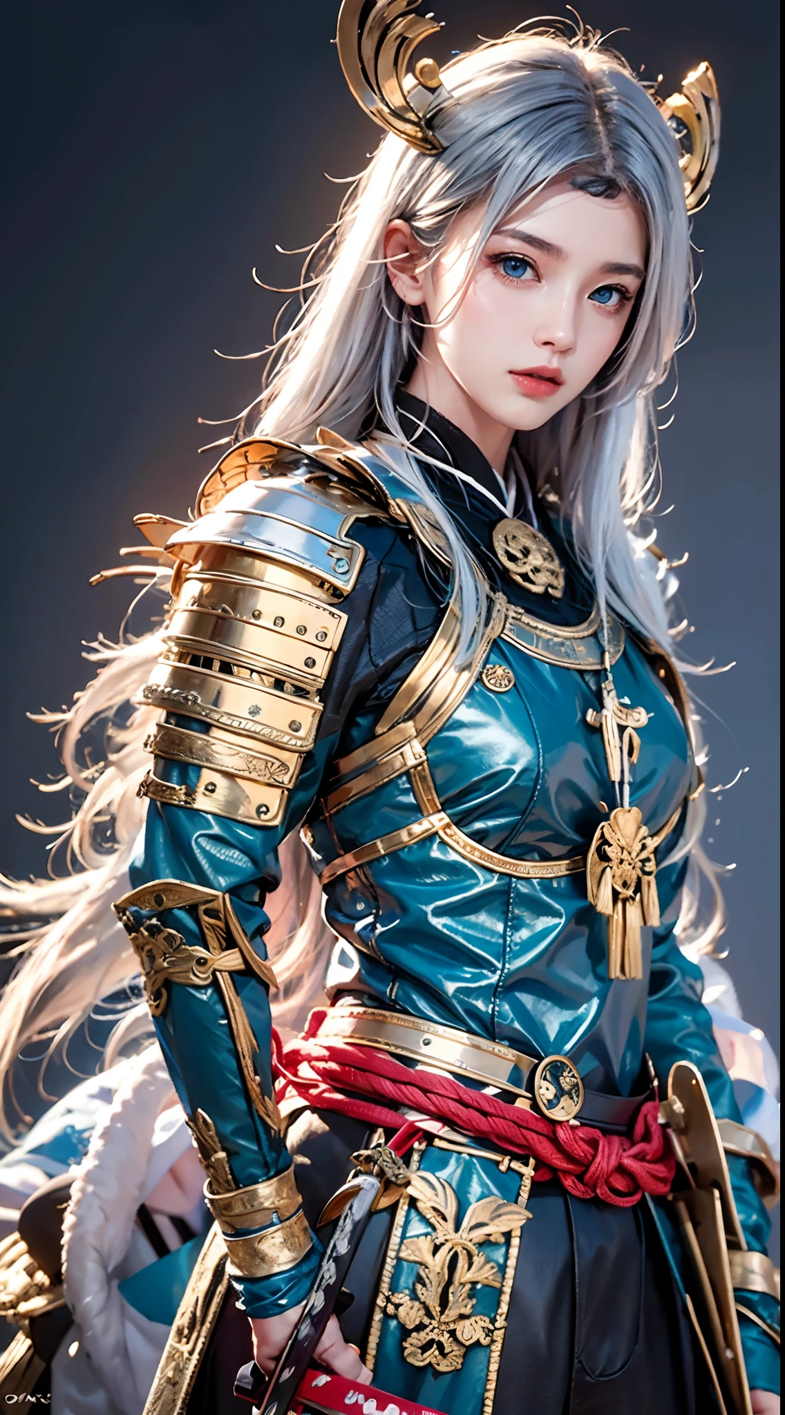 photorealistic, masterpiece, photorealistic, high resolution, soft light, hips up, blue eyes, white hair, long hair, Intricate details EABA, cloaks, spear, Samurai, Armor, Japanese Katana Sword, warrior, samurai helmet