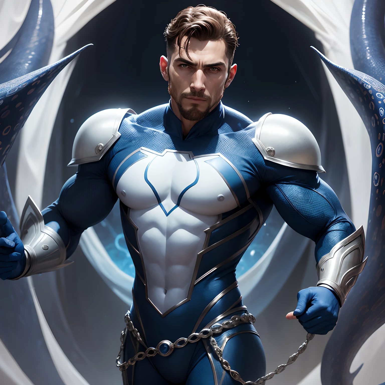 homem careca,Italian ethnic facial features big nose ,Barba ruiva SeaArt Txt2Img Standard 23:11:28 Create a realistic 8k HD Ultra image of a Marvel character in a costume inspired by the Spider-Man costume only that this superhero would have the costume inspired by an octopus, ele seria o homem polvo, com seu traje em tons de branco azul Ciano azul claro e azul escuro seu traje tem um lindo perfeito e detalhado ,Details with octopus tentacles, Ventosas ,no estilo Homem-Aranha do aranhaverso,Inspiration of the superhero costume is an octopus. White gloves on hands with silver details,symbol of a blue octopus right in the center of the breastplate of the superhero costume,with parts in the superhero costume in which the fabric is replaced with blue octopus skin, pele realista, molhado. Homem careca.