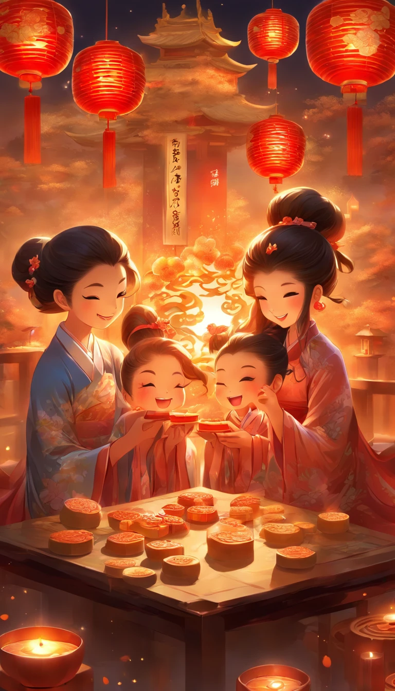 A family of three eating mooncakes,There are mooncakes on the table, Food in hand, tea drinking and paper lanterns, The moon is in the sky,Chinese style painting, exciting illustration