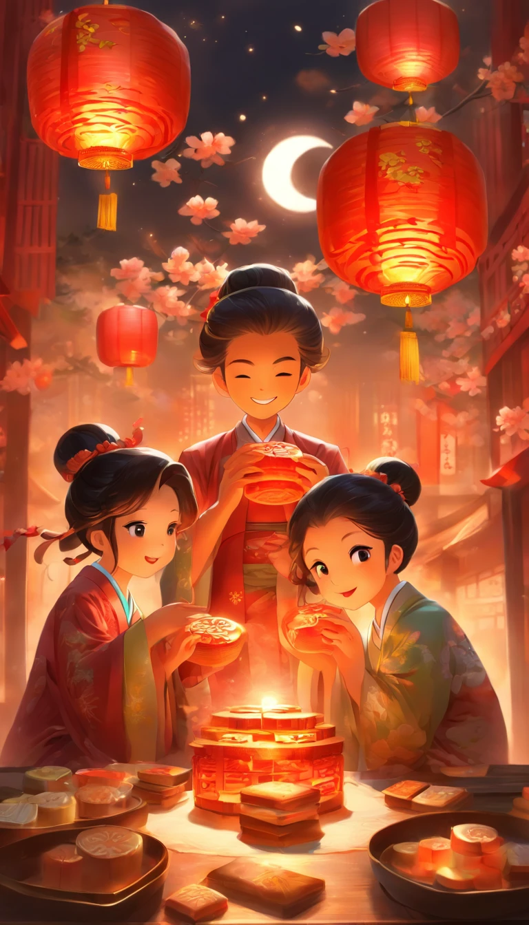 A family of three eating mooncakes，There are mooncakes on the table, Food in hand, tea drinking and paper lanterns, The moon is in the sky,Chinese style painting, exciting illustration