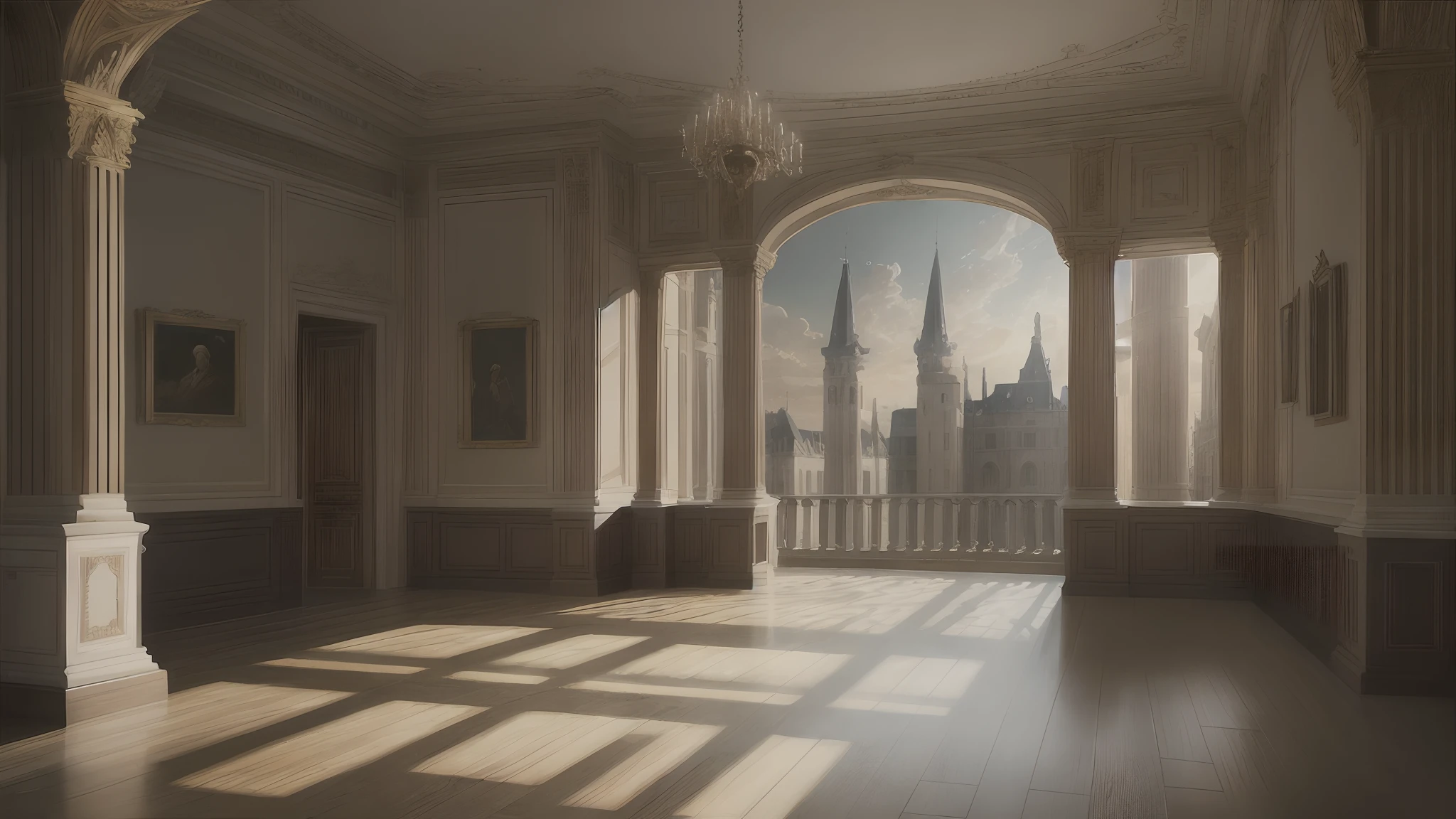 Panoramic view of the ancient castle, It is surrounded by a row of buildings. The castle is majestic，Homem-Imponente, Showcase intricate architectural details in a realistic neoclassical style. From above, The scene captures the grandeur and splendor of the castle and its surroundings. Sunlight casts beautiful caustic reflections on the walls, Elevate the overall atmosphere. The use of Sony FE GM lenses ensures the highest image quality, capturing every minute detail with precision. Further enhance the image with a subtle film grain effect, Add depth and texture to your composition. The color palette is rich and vibrant, Highlight the beauty of the scene. Well-designed lighting，Highlight architectural features，Create a sense of drama. With Ultra HD resolution and best quality, This artwork is a masterpiece，It truly transports the viewer to the neoclassical architectural era of yesteryear.