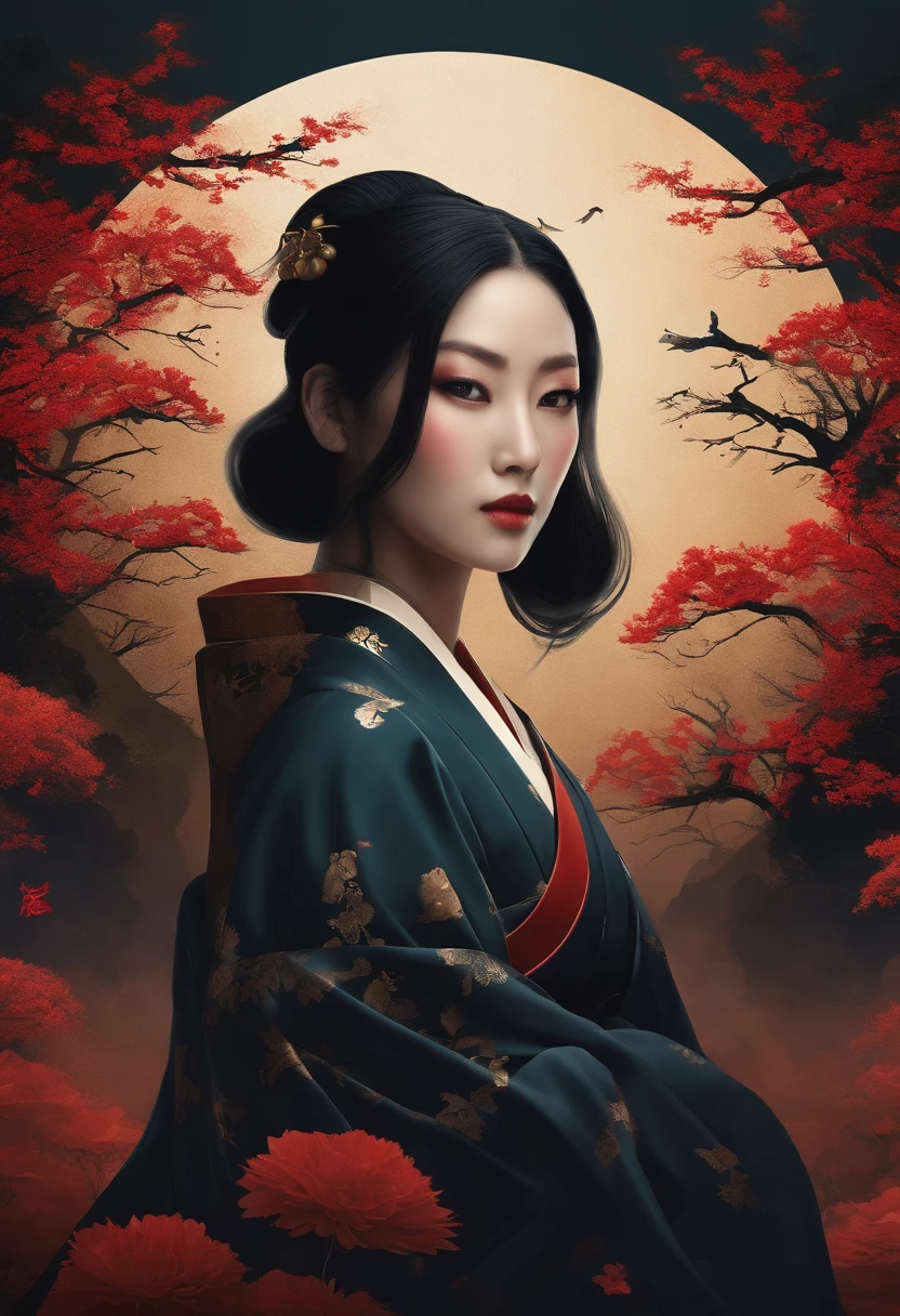 A cool dark and mysterious design using Japanese Kanji and a female character, but you can't see the characters face
