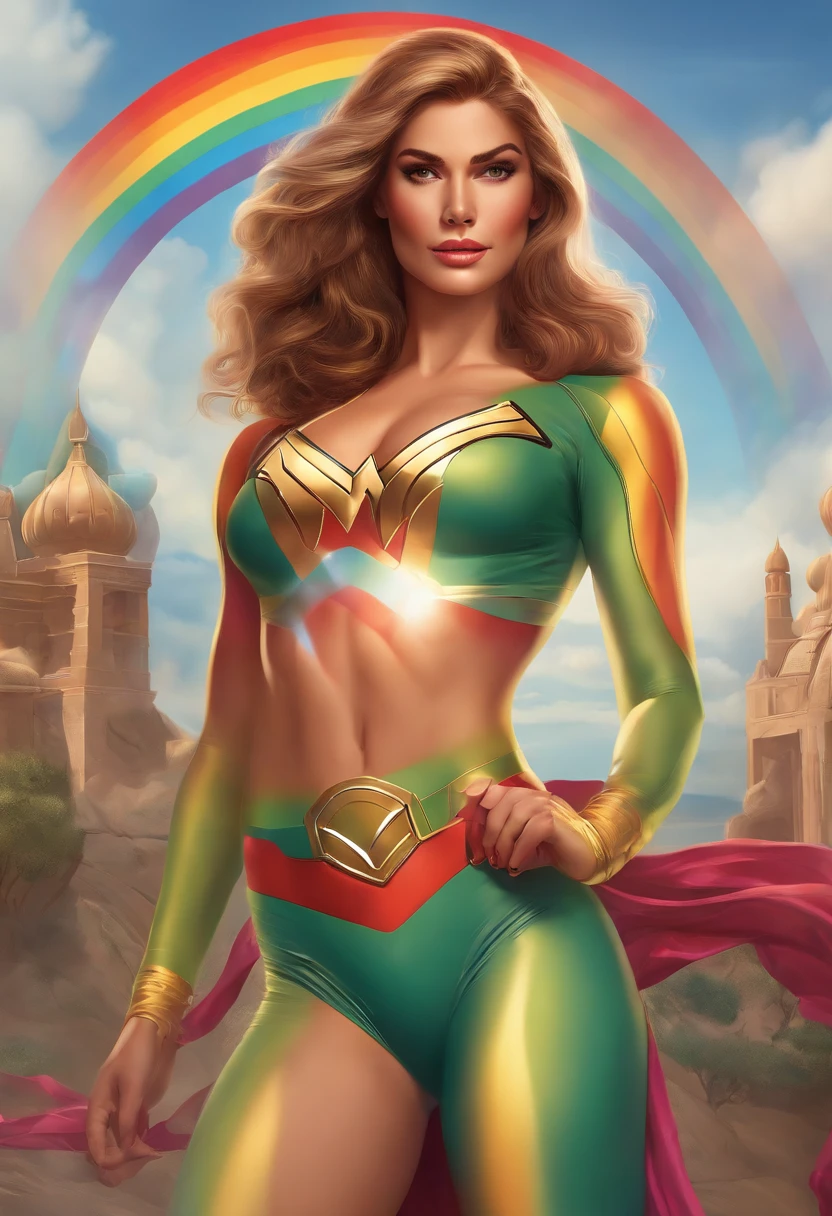((((Masterpiece))), Best quality, Illustrations,Rainbow themed superheroes, Full body like, s girl,tightsuit,Slim,Thin gaps,Camel toes,The beautiful,