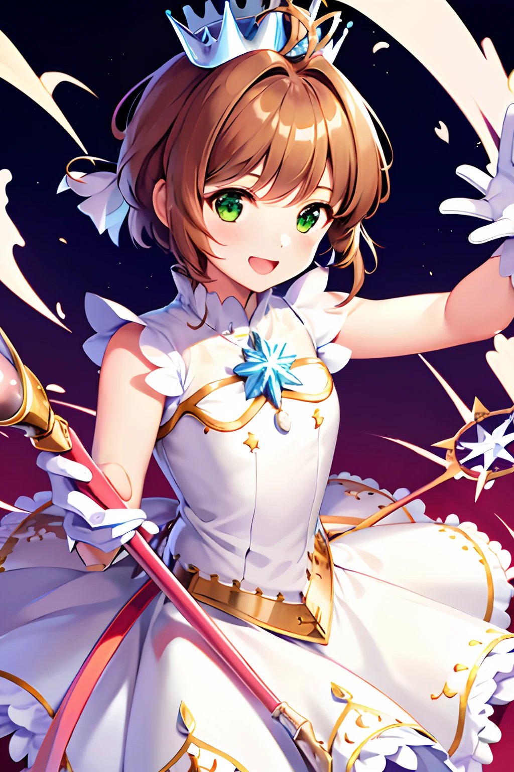 masterpiece, best quality, highres, kinomoto sakura, 1girl, brown hair, short hair, antenna hair, ahoge, crown, green eyes, white dress, sleeveless, white gloves,holding staff, smile, open mouth, cowboy shot, blue sky,wand,