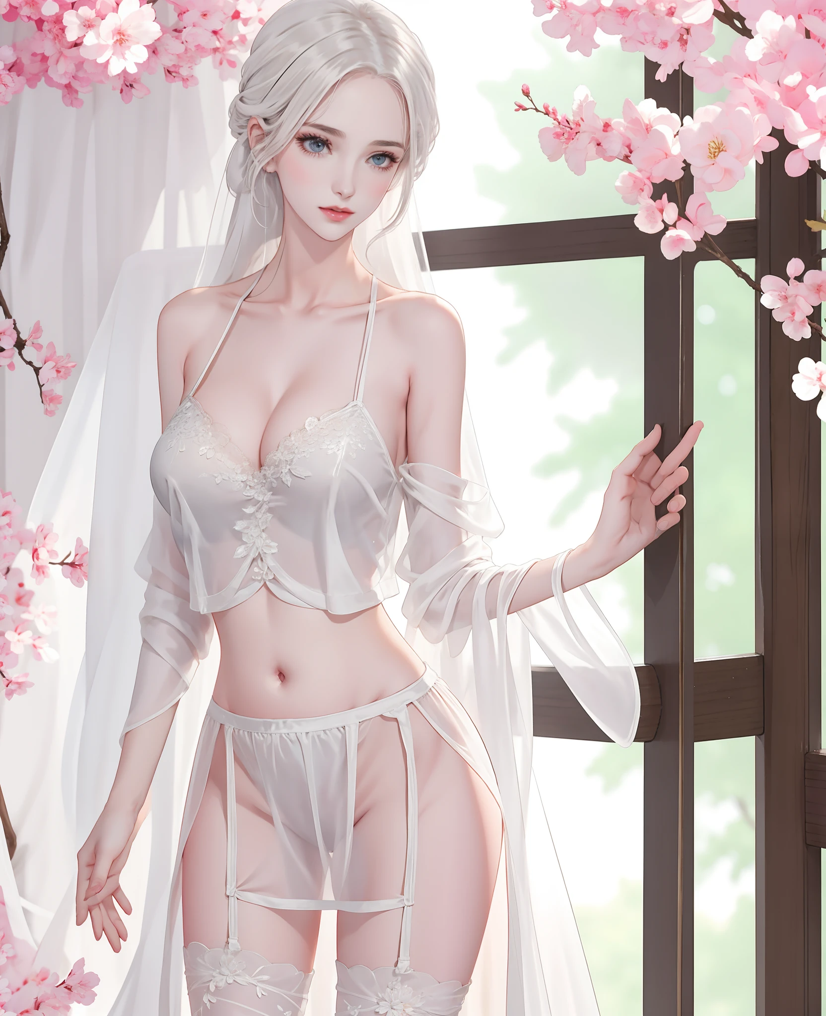 Beautiful details for girl，very detailed eyes and faces，beautiful eyes in detail，ultra - detailed，A high resolution，The is very detailed，The best quality，illustratio，astounding，exquisite details with white hair，best qualtiy，VerydetailedCG，8k wallpaper，face to the viewer，the complex background，bshoulders，seductiv，stas，（Sexual suggestiveness），light in face，cinmatic lighting，1个Giant Breast Girl，（with no underpants）） See-through Pajamas， （Lingerie transparent）， Lace skirt，huge tit:1.5  ， （pornographic lingerie））， buttock exposure， Open crotch stockings， h， xxx，Wet, age uncensored， thermography， Pornographic box，mrrpss，