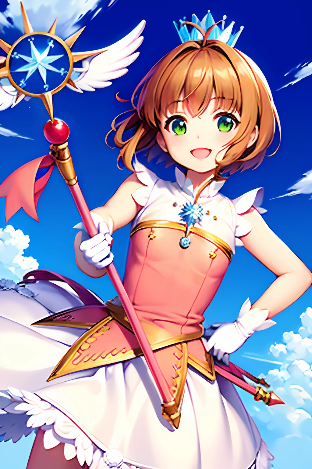 masterpiece, best quality, highres, kinomoto sakura, 1girl, brown hair, short hair, antenna hair, ahoge, crown, green eyes, white dress, sleeveless, white gloves,holding staff, smile, open mouth, cowboy shot, blue sky,wand,