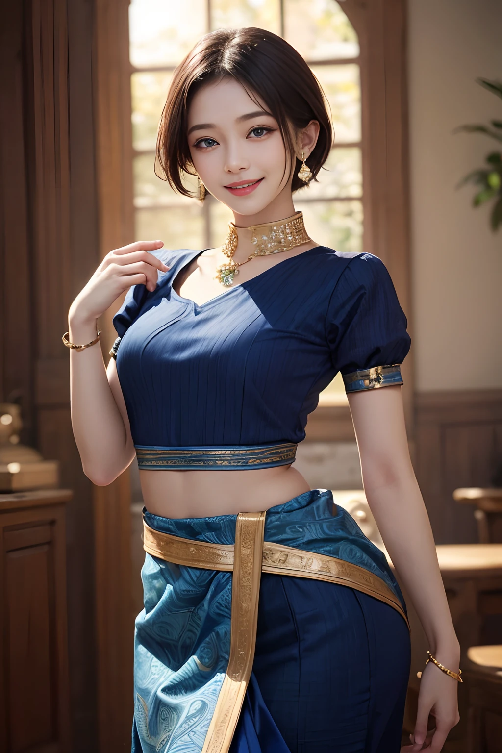 Smile full of happiness、((Looks happy:1.3))、、Panting face、Lacking、Sweating、Expression in a state of excitement、short-hair、eye glass、Photorealistic,High resolution,Soft light,1womanl,hips up high, Large breasts, Blue eyes, Expensive jewelry, Small indigo traditional costume with elegant and sexy fabric,