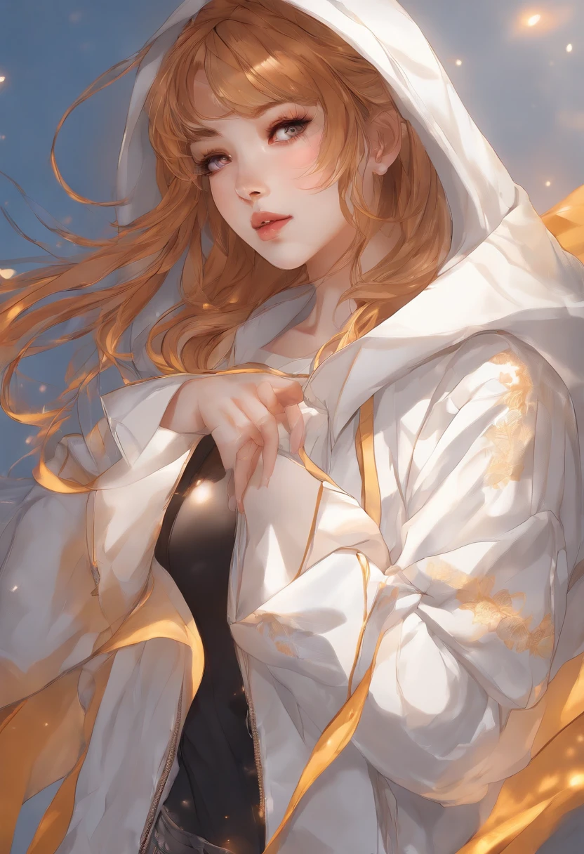 Top quality, Masterpiece, high resolution, 8K, Hoodie and anime style girl, One girl, detailed line art, Bright white and bright amber style, Digital enhancement, Close up, Anime core, Flowing fabric