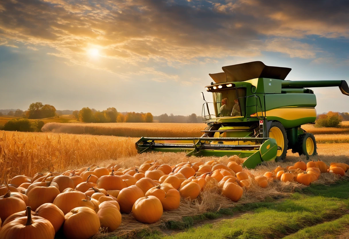 ((masterpiece)), ((best quality)), 8k, high detailed, ultra-detailed,
A bountiful harvest scene unfolds in a picturesque autumn field. Rows upon rows of golden wheat sway gently in the breeze, ready for harvest. The field is dotted with vibrant orange pumpkins, plump and ripe for the picking. The air is filled with the earthy scent of freshly turned soil and the sweet fragrance of ripe apples hanging from the trees. Scarecrows stand tall, their presence warding off birds and adding a touch of whimsy to the landscape. Farmers, dressed in traditional overalls, busily gather the crops, their faces glowing with satisfaction and pride. The sky above is a clear, cerulean blue, adorned with wisps of white clouds. The warm sunlight bathes the scene, casting a golden glow over the abundant harvest. It's a moment of abundance and gratitude, a celebration of the rewards of hard work and the beauty of the autumn season.