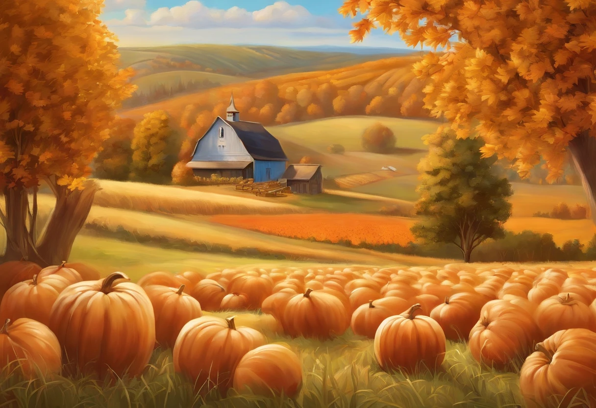 ((masterpiece)), ((best quality)), 8k, high detailed, ultra-detailed,
A bountiful harvest scene unfolds in a picturesque autumn field. Rows upon rows of golden wheat sway gently in the breeze, ready for harvest. The field is dotted with vibrant orange pumpkins, plump and ripe for the picking. The air is filled with the earthy scent of freshly turned soil and the sweet fragrance of ripe apples hanging from the trees. Scarecrows stand tall, their presence warding off birds and adding a touch of whimsy to the landscape. Farmers, dressed in traditional overalls, busily gather the crops, their faces glowing with satisfaction and pride. The sky above is a clear, cerulean blue, adorned with wisps of white clouds. The warm sunlight bathes the scene, casting a golden glow over the abundant harvest. It's a moment of abundance and gratitude, a celebration of the rewards of hard work and the beauty of the autumn season.