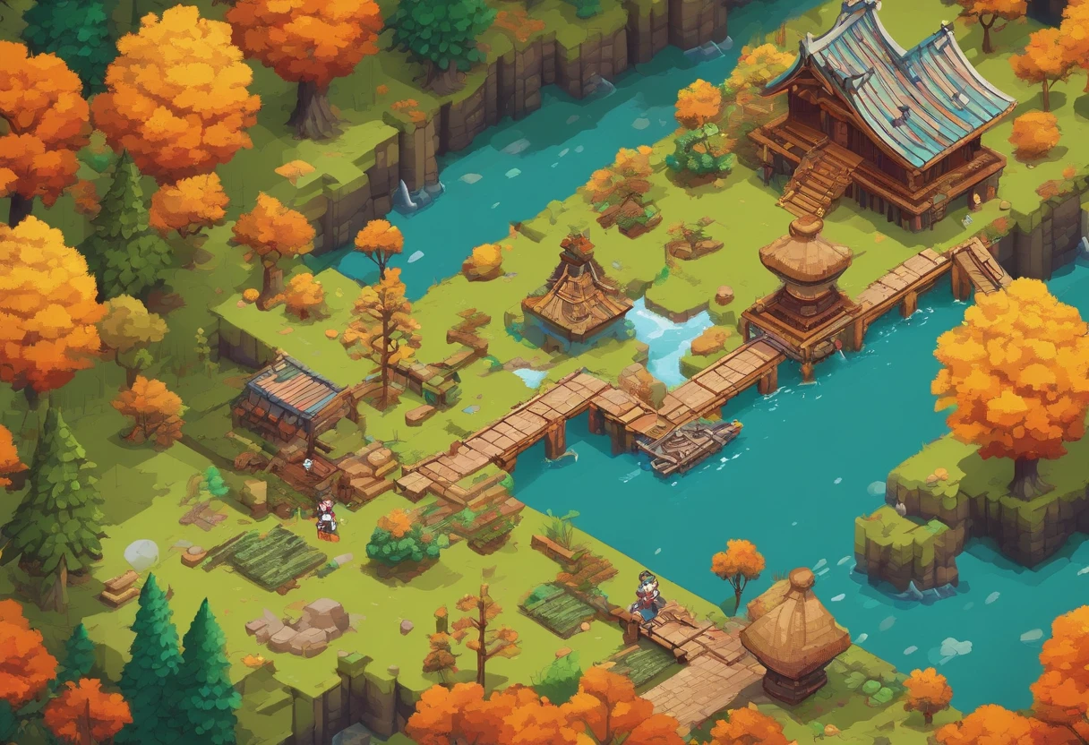 16 bits, 16-bit game, Pixel art, Japanese RPG battle scene, 80's games, Monster, ln the forest，Autumn scene，Small river，