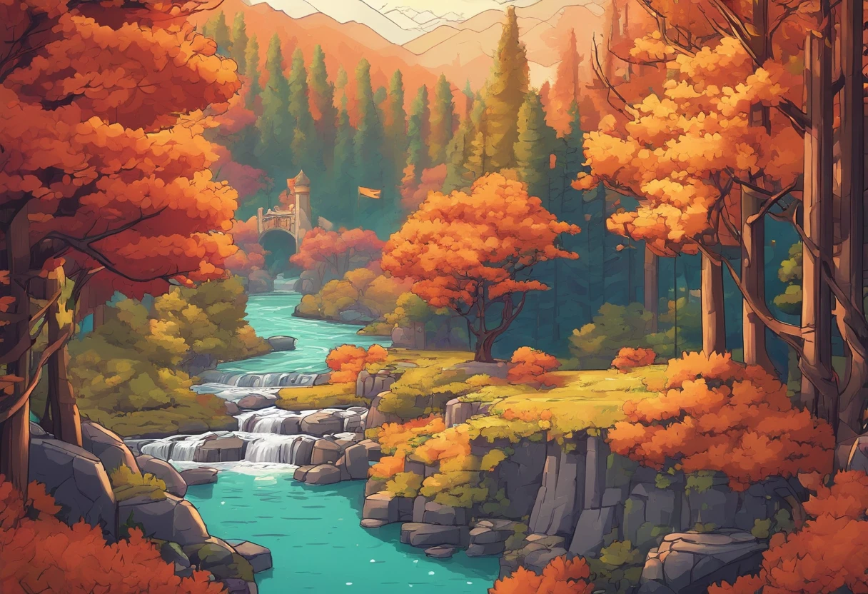 16 bits, 16-bit game, Pixel art, Japanese RPG battle scene, 80's games, Monster, ln the forest,Autumn scene,Small river,