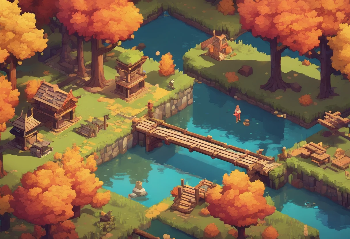 16 bits, 16-bit game, Pixel art, Japanese RPG battle scene, 80's games, Monster, ln the forest，Autumn scene，Small river，