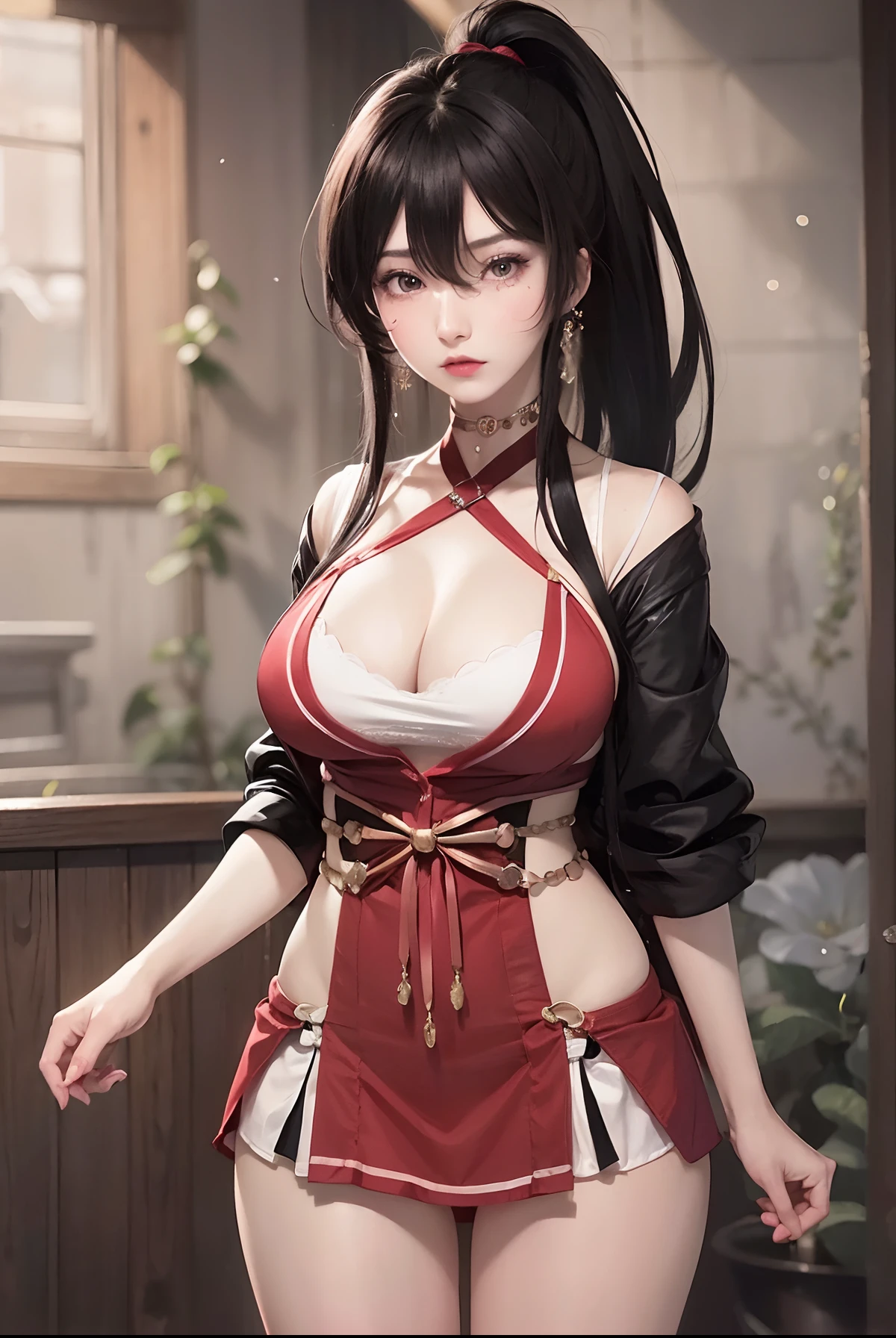 Black hair bob, (8k, RAW photo, photorealistic: 1.25), (more lip gloss, more eyelashes, watery eyes, highest quality, ultra high resolution, depth of field, chromatic aberration, caustics, wide light, natural color, Japanese, female in her 30s, (straddle: 1.5, cowgirl)) Staring at the viewer, very angry, crying, red eyes, too many necklaces, collars, too many accessories, full body , huge breasts, mole on the chest, raw legs, small black underwear, huge breasts that do not fit in the bra, white bed, disheveled futon