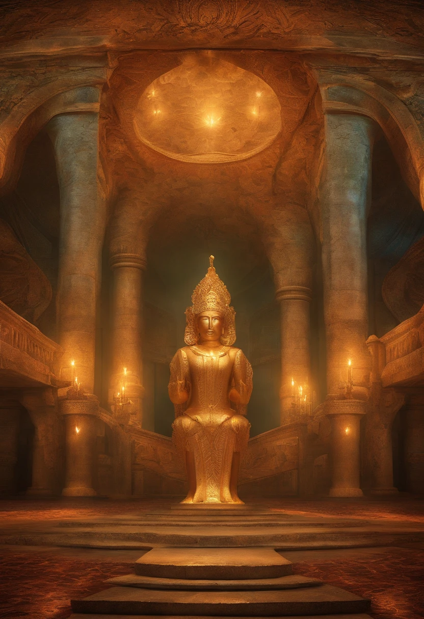 3d cinematic"Inside the temple showing the idols and artwork"
