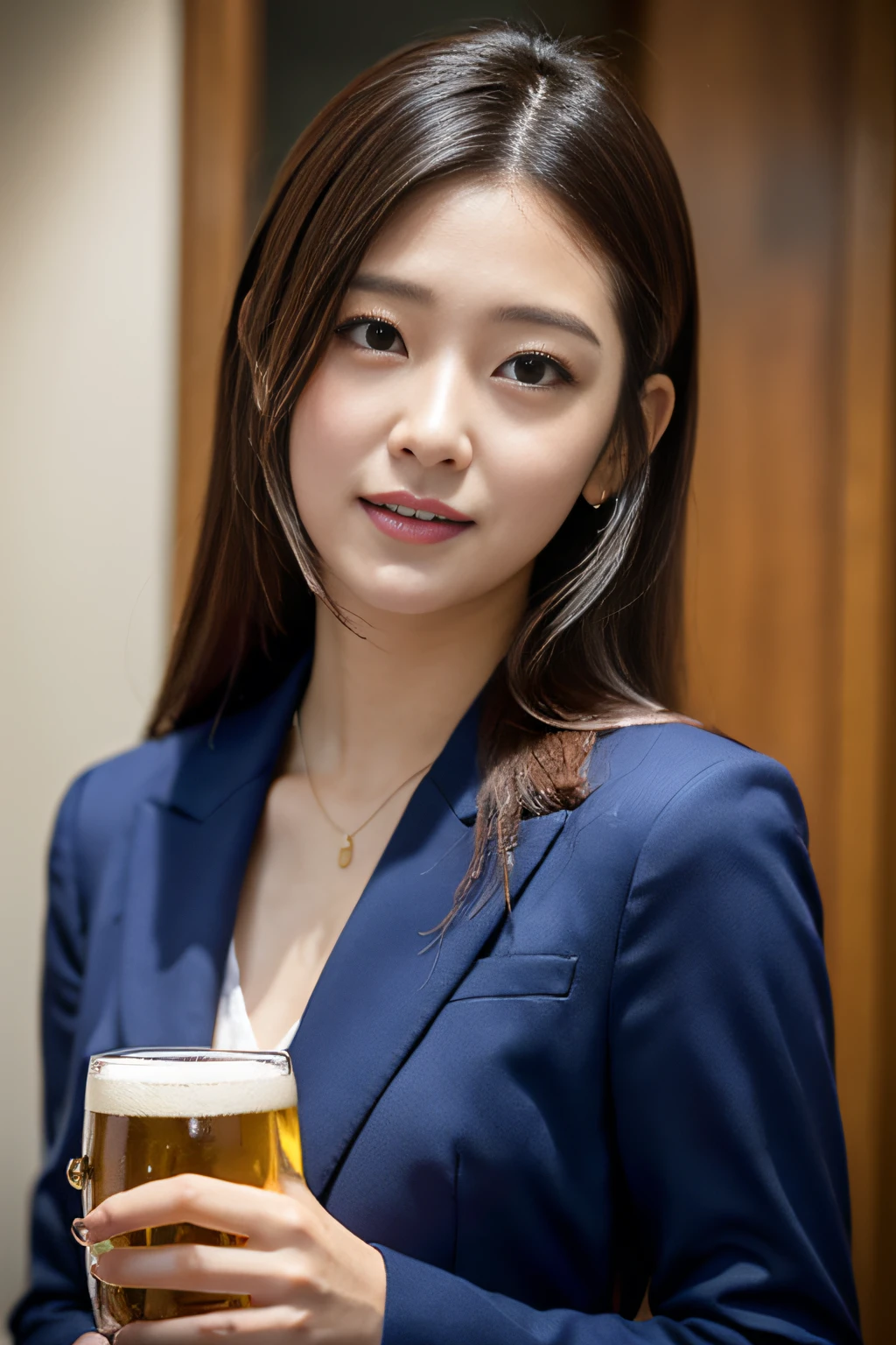 Realistic Japan woman in suit, beautiful japanese female, goddess of Japan, Beautiful Japan Female Face、Sexy Japan woman、facing front、Narrow-eyed、Single eyelid、Small eyes、tthin eyebrows、drooping eyes、30-year-old woman with、low nose、thin lipss、Dimples、small tits、Suppin、Being in a tavern、Drinking beer、Drunken cheerful face