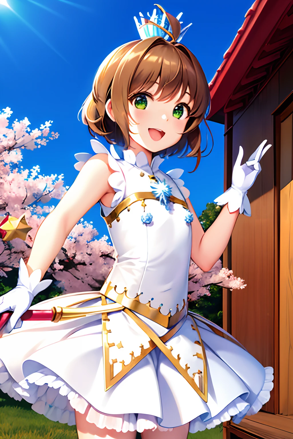 masterpiece, best quality, highres, kinomoto sakura, 1girl, brown hair, short hair, antenna hair, ahoge, crown, green eyes, white dress, sleeveless, white gloves,holding staff, smile, open mouth, cowboy shot, blue sky,wand,