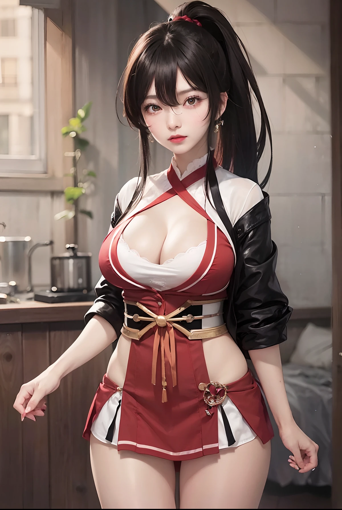 Black hair bob, (8k, RAW photo, photorealistic: 1.25), (more lip gloss, more eyelashes, watery eyes, highest quality, ultra high resolution, depth of field, chromatic aberration, caustics, wide light, natural color, Japanese, female in her 30s, (straddle: 1.5, cowgirl)) Staring at the viewer, very angry, crying, red eyes, too many necklaces, collars, too many accessories, full body , huge breasts, mole on the chest, raw legs, small black underwear, huge breasts that do not fit in the bra, white bed, disheveled futon