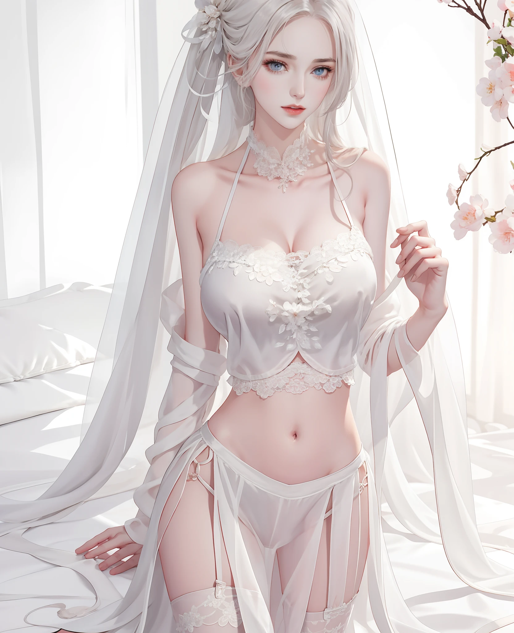 Beautiful details for girl，very detailed eyes and faces，beautiful eyes in detail，ultra - detailed，A high resolution，The is very detailed，The best quality，illustratio，astounding，exquisite details with white hair，best qualtiy，VerydetailedCG，8k wallpaper，face to the viewer，the complex background，bshoulders，seductiv，stas，（Sexual suggestiveness），light in face，cinmatic lighting，1个Giant Breast Girl，（with no underpants）） See-through Pajamas， （Lingerie transparent）， Lace skirt，huge tit:1.5  ， （pornographic lingerie））， buttock exposure， Open crotch stockings， h， xxx，Wet, age uncensored， thermography， Pornographic box，mrrpss，