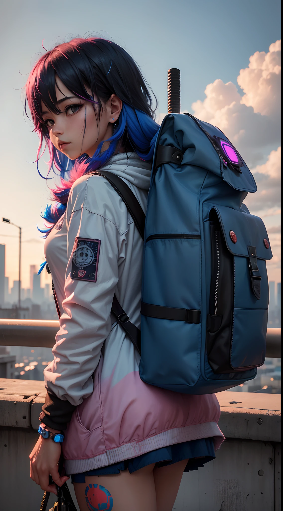 Girl with backpack on her back, En la hermosa escena de anime de Hayao Miyazaki: Tokio nevado,Enormes nubes Miyazaki flotan en el cielo azul, Encantadora nieve de la ciudad con un sol glorioso, Paisaje de Hayao Miyazaki,(La vista lateral:1.5),(blue mini falda:1.4),(cabello rosado:1.4),(cyberpunk:1.4), motor irreal:1.4,UHD,La mejor calidad:1.4, fotorrealista:1.4, textura de la piel:1.4, obra maestra:1.8,