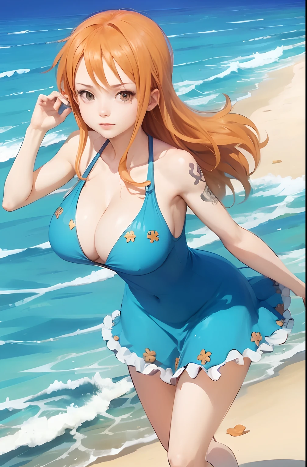 1 girl, Nami one piece, blue clothes, long hair, orange hair, realistic