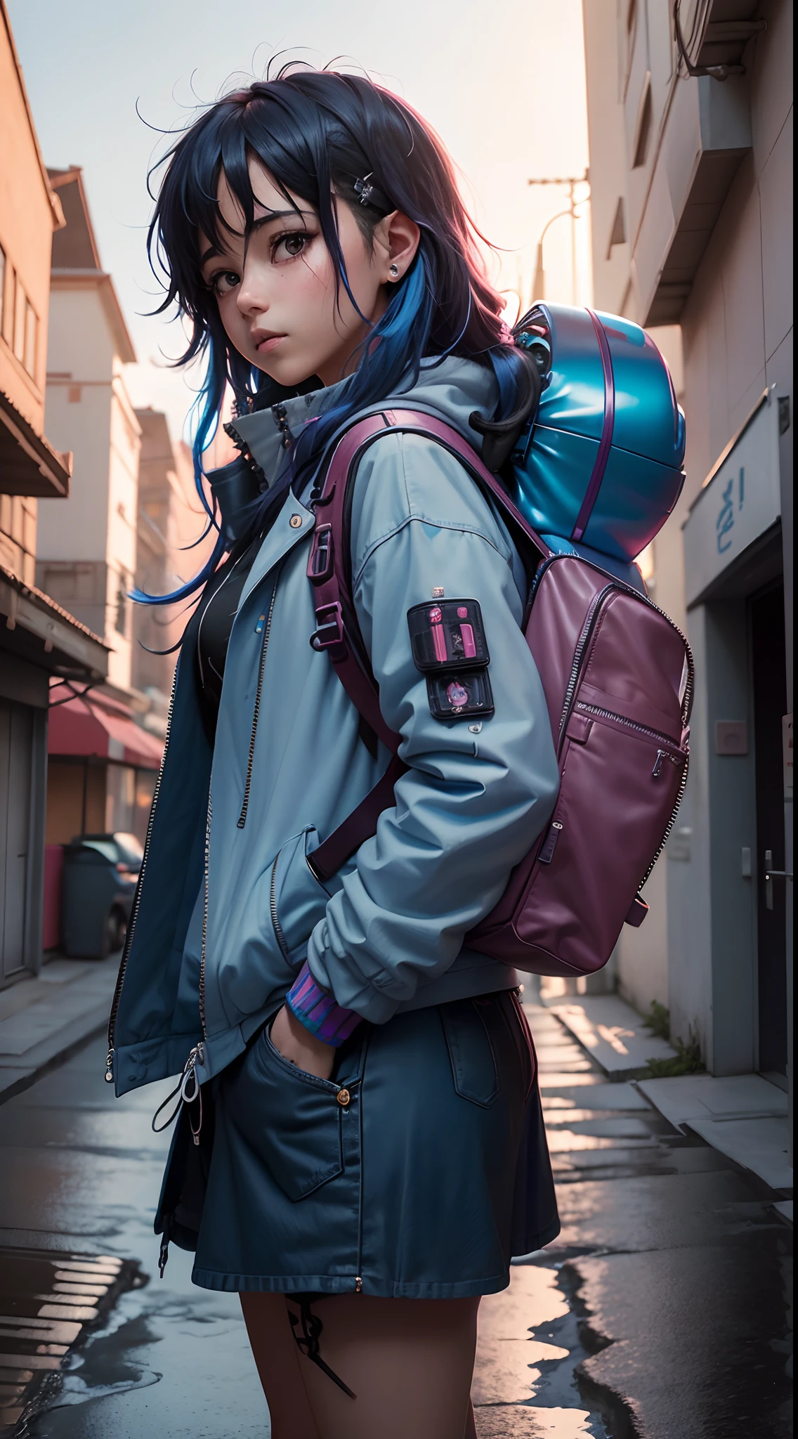 Girl with backpack on her back, En la hermosa escena de anime de Hayao Miyazaki: Tokio nevado,Enormes nubes Miyazaki flotan en el cielo azul, Encantadora nieve de la ciudad con un sol glorioso, Paisaje de Hayao Miyazaki,(La vista lateral:1.5),(blue mini falda:1.4),(cabello rosado:1.4),(cyberpunk:1.4), motor irreal:1.4,UHD,La mejor calidad:1.4, fotorrealista:1.4, textura de la piel:1.4, obra maestra:1.8,