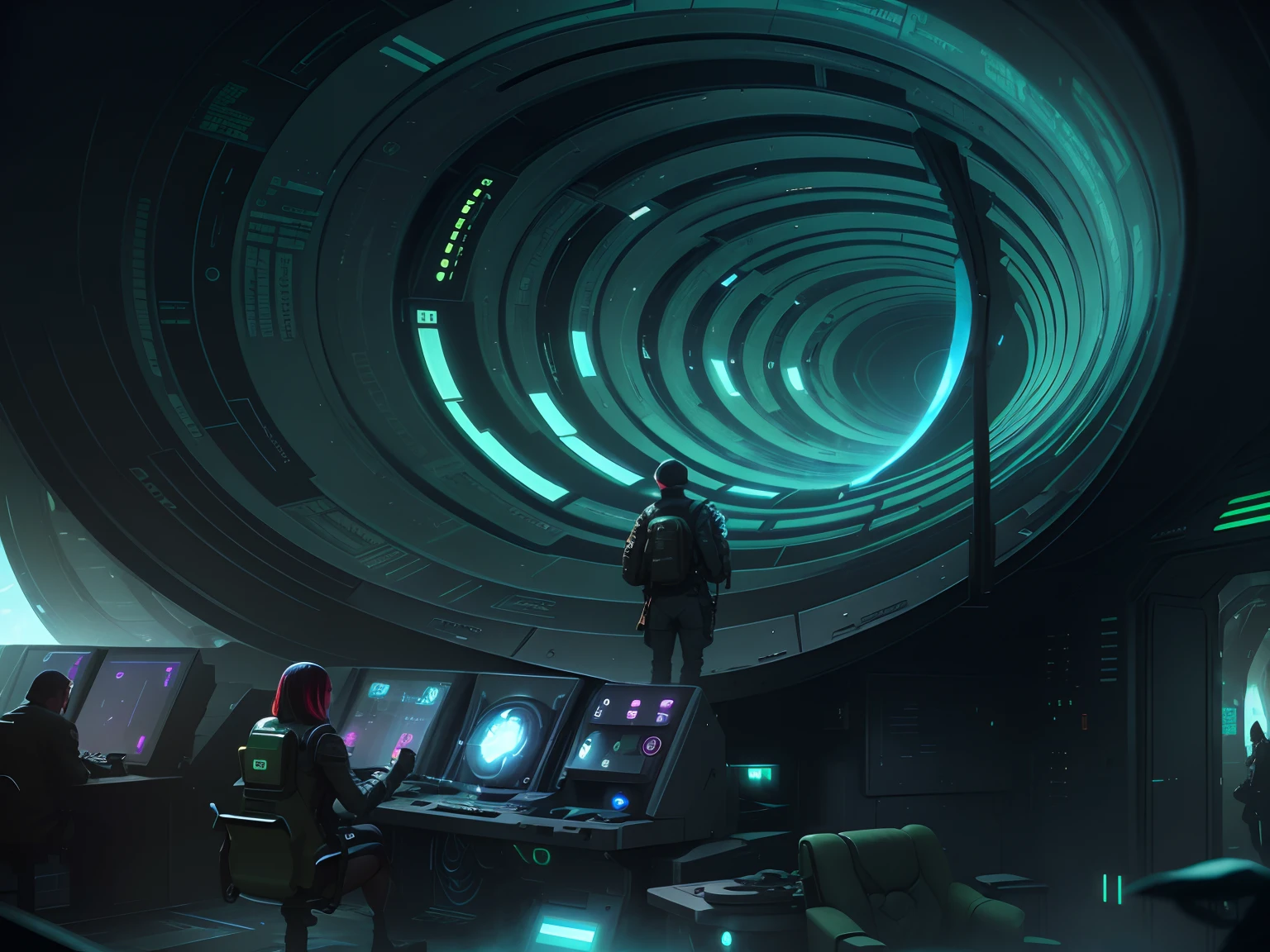 In the deep recesses of a military industrial complex stands Massively sized Time Tunnel in a government reinforce massive bunker forest covered in darkness and secrecy. A very attractive and futuristically half dressed time traveler (half android) woman ((shinny clothing and time travel accessories)) stands sadly beside the broken Time Machine. A colorful Matrix computer code is mixed into the background amongst the forest trees.