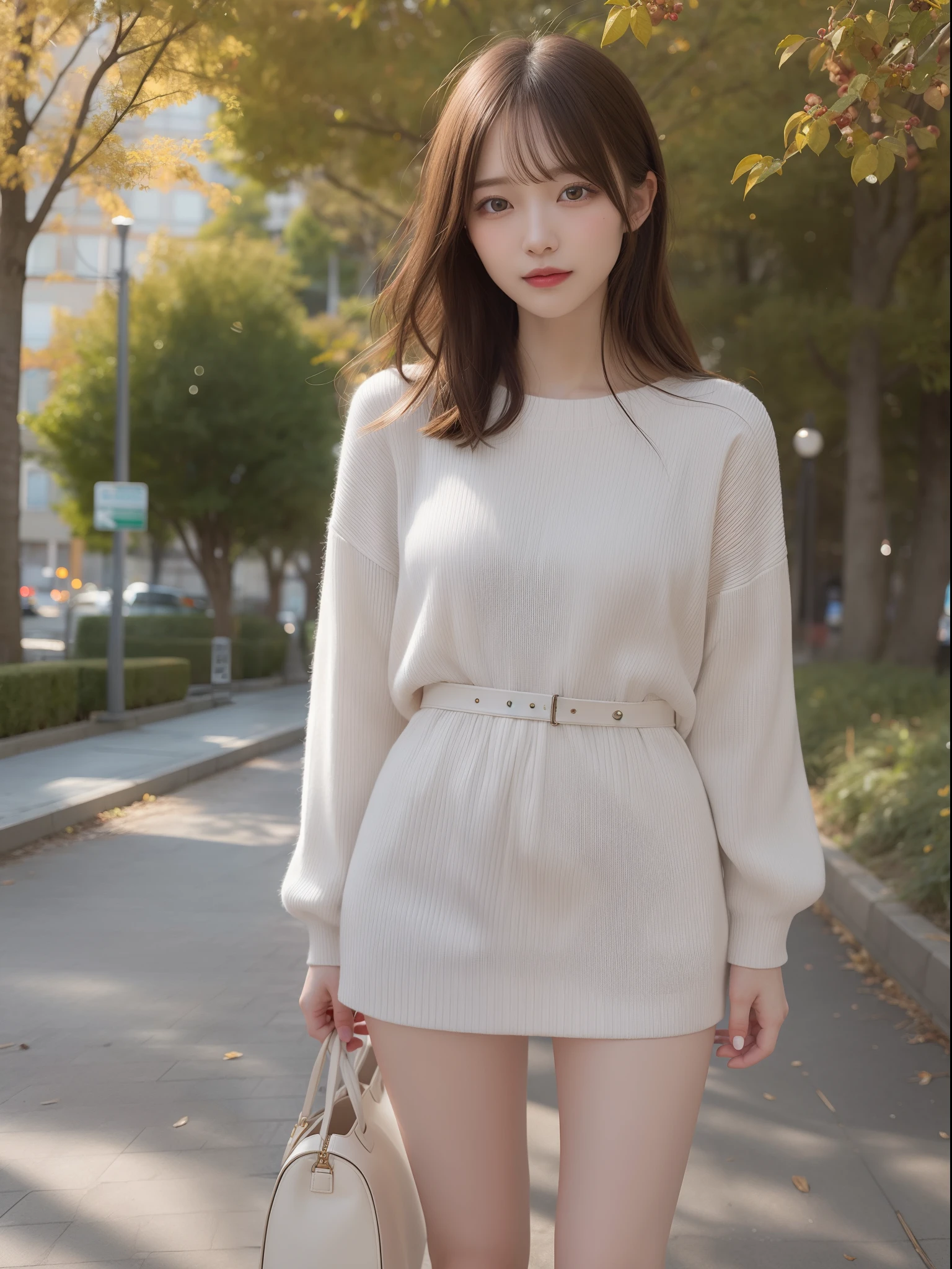 Shot on the promenade of a park in early autumn。The model is、I'm strolling along the promenade where the sun shines through the trees.......................。 Modeled after a beautiful 20-something actress。
Realistic、Realistic and ultra-detailed finish、Create very elaborate CG Unity 8K wallpapers。
The model is slender and cute、Good Style、Green eyes、the nose is small、Small breast size。It also has a mature feel。
Her characteristics are、Hairstyle Up Styling、Trendy hair color with a slightly bright and soft。
The skin quality of the model is delicate、Pay attention to the fine details and softness of the hair。
Take a picture of your whole body。
Fashion style is、The lines of the body are clearly visible、Wearing a white summer sweater。