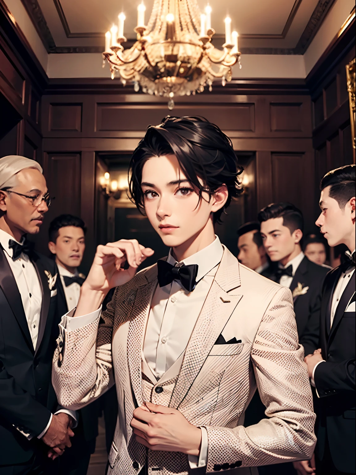 1boy,11 only、(Man's :2),(bobhair:1.5)、A dark-haired、Bright tuxedo、Inside a luxurious Western-style building、Luxurious chandeliers、beautiful lighting、hightquality、masutepiece,8K,hight resolution、