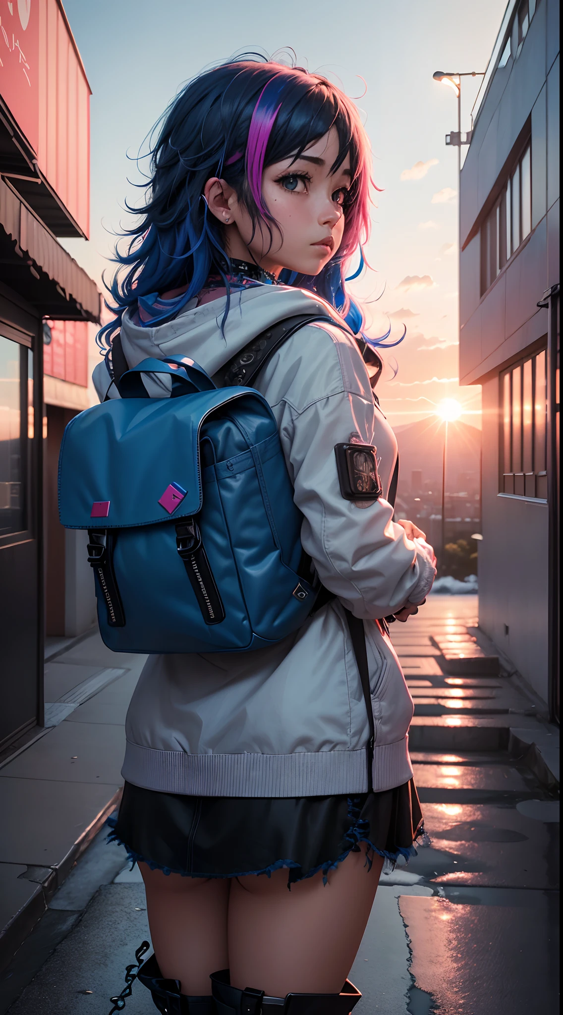 Girl with backpack on her back, En la hermosa escena de anime de Hayao Miyazaki: Tokio nevado,Enormes nubes Miyazaki flotan en el cielo azul, Encantadora nieve de la ciudad con un sol glorioso, Paisaje de Hayao Miyazaki,(La vista lateral:1.5),(blue mini falda:1.4),(cabello rosado:1.4),(cyberpunk:1.4), motor irreal:1.4,UHD,La mejor calidad:1.4, fotorrealista:1.4, textura de la piel:1.4, obra maestra:1.8,