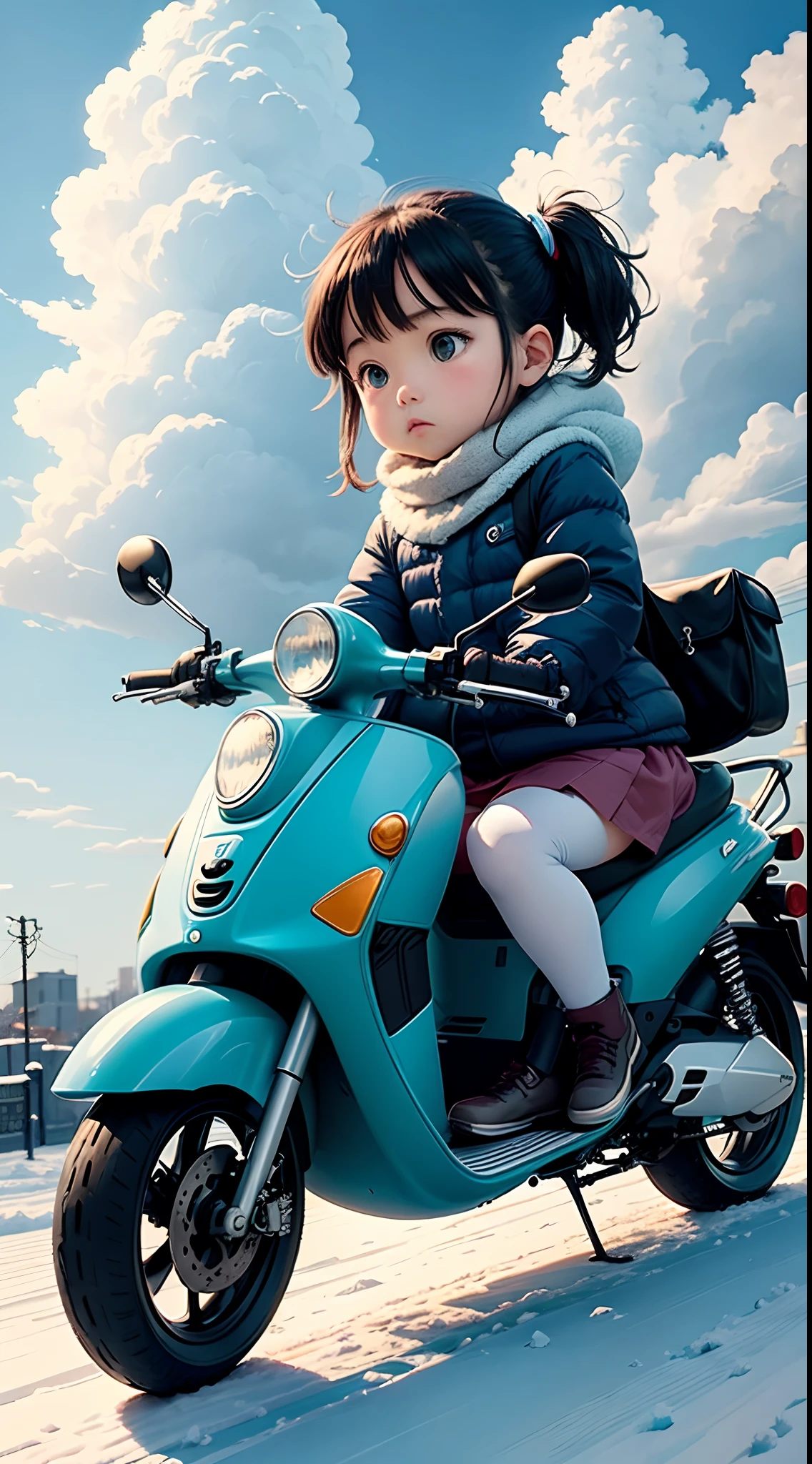  riding electric scooter/bike, In the beautiful anime scene of Hayao Miyazaki: Snowy Tokyo，Huge Miyazaki clouds float in the blue sky, Enchanting city snow with glorious sunshine, Scenery of Hayao Miyazaki，(the sideview：1.5)，