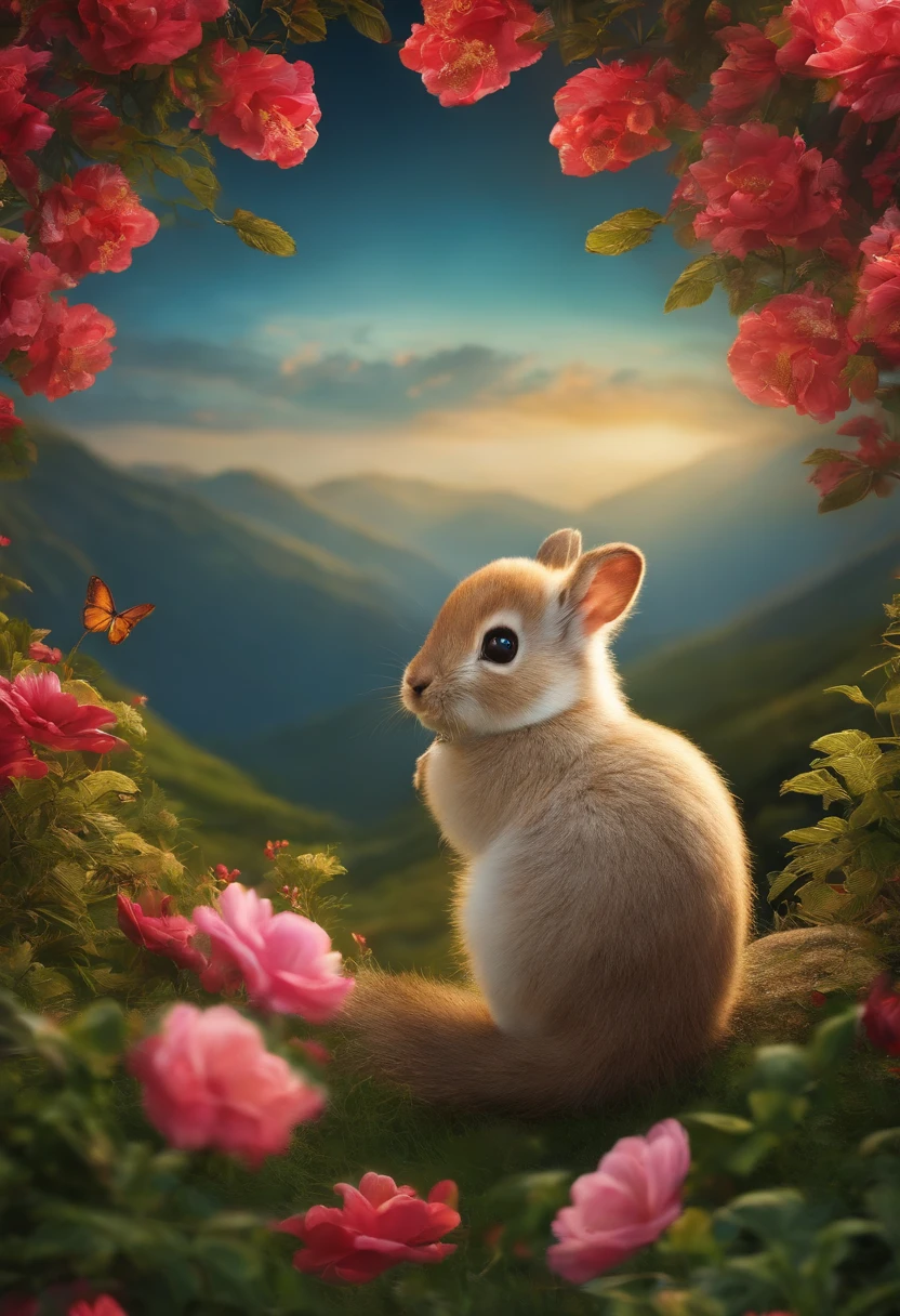 插圖: Um coelho curioso pulando pelas flores.