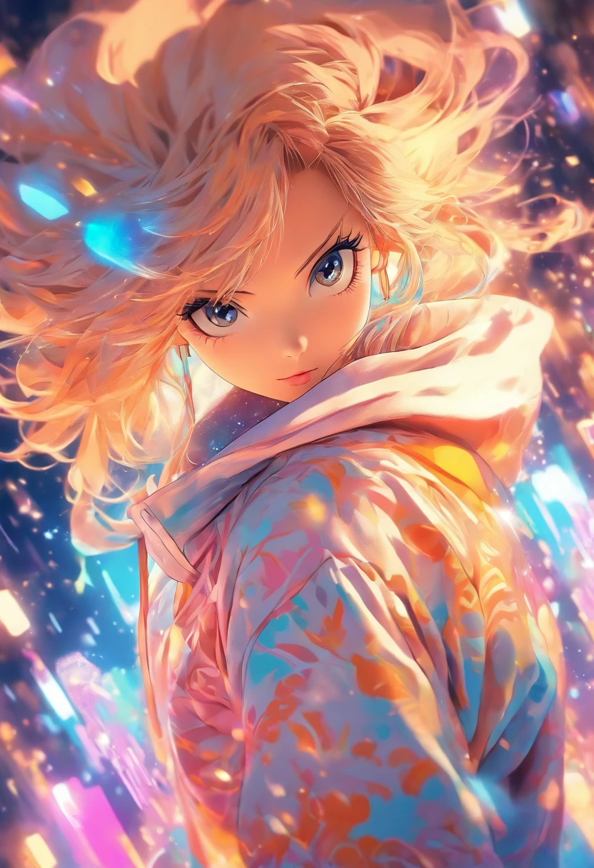 Top quality, Masterpiece, high resolution, 8K, Hoodie and anime style girl, One girl, detailed line art, Bright white and bright amber style, Digital enhancement, Close up, Anime core, Flowing fabric