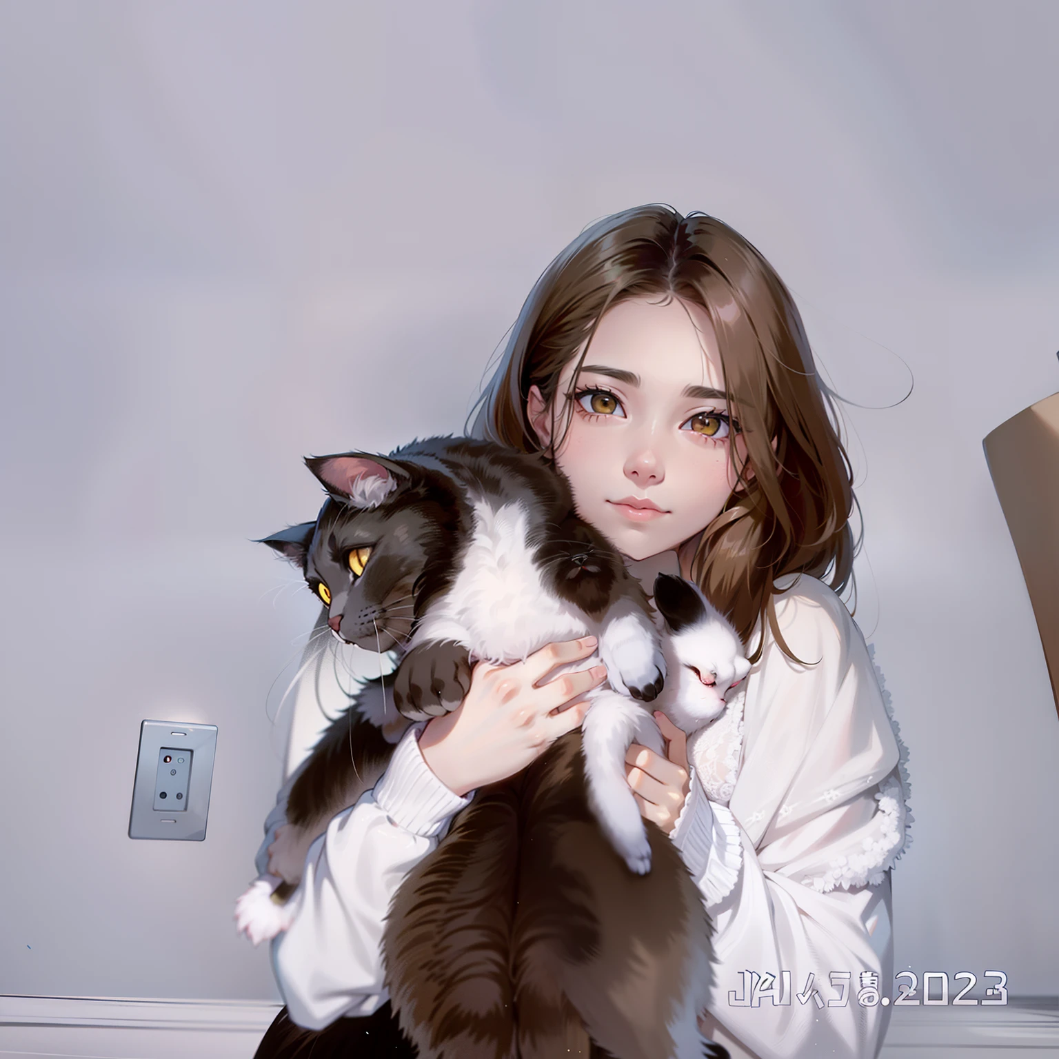 woman holding a cat in her arms in a room, cl, big cheeks holding her cat, there is a cat next to her, cat photo, with ivy, she is holding a cat in her arms, White ( cat ) Girl, with cats on her side, very beautiful cute catgirl, Shot on Canon EOS R 6, with small cat on lap， k hd