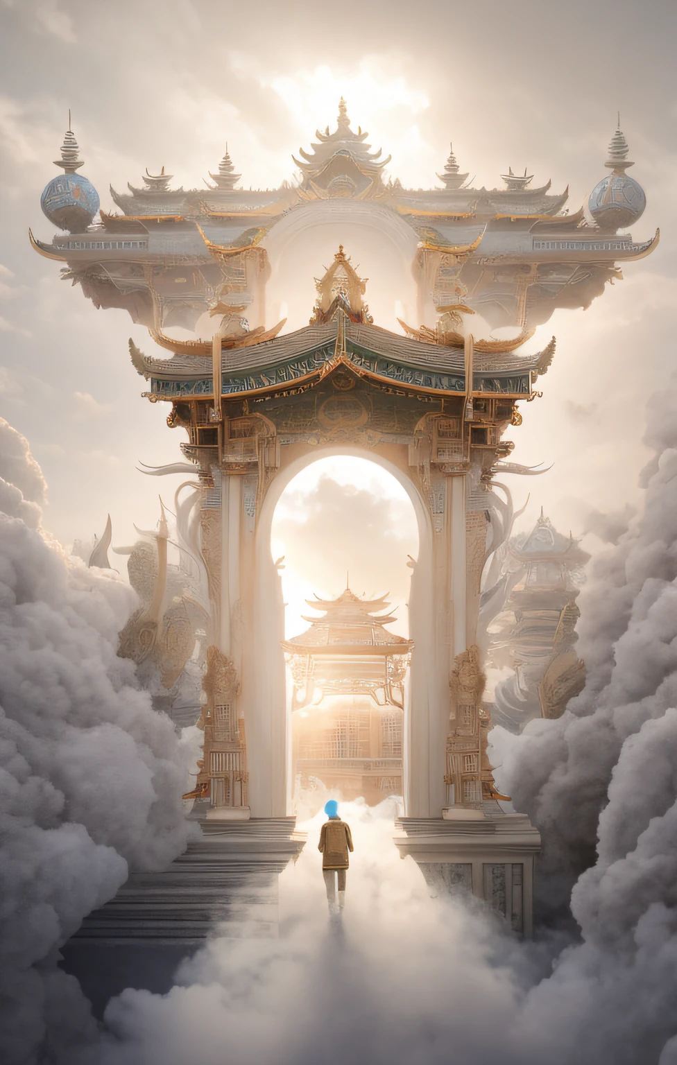 There was a man in the cloud standing in front of the door, iintricate、Epic composition, highly detailed surreal vfx, elaborate matte painting, heaven gate, extravagant matte painting, heaven gate, Realism | beeple, entrance to ethereal realm, beeple and mike winkelmann, intricate matte painting, exquisite matte painting, amazingly epic visuals,Chinese classical,HD engraving,Bucket arch structure,and its complex