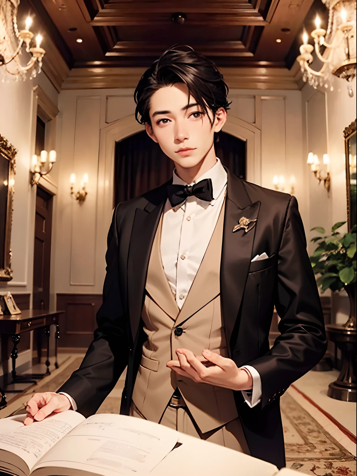 1boy,11 only、(Man's :2),(bobhair:1.5)、A dark-haired、eyepatch,Bright tuxedo、Inside a luxurious Western-style building、Luxurious chandeliers、beautiful lighting、hightquality、masutepiece,8K,hight resolution、