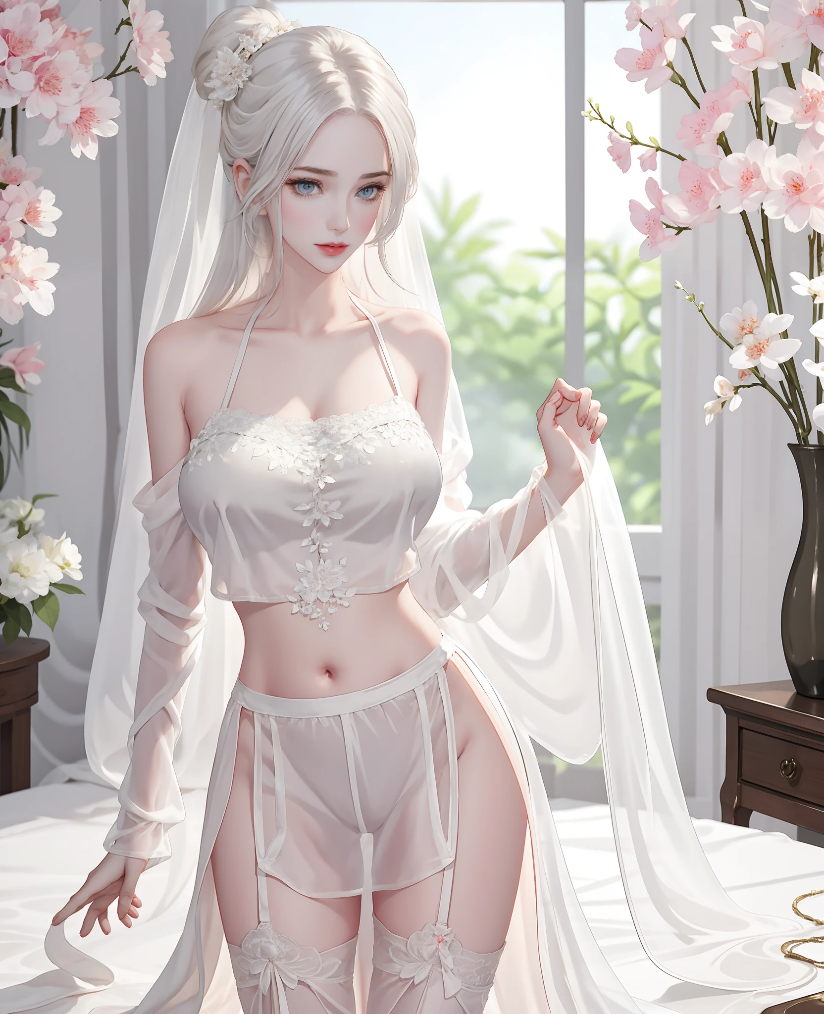 Beautiful details for girl,very detailed eyes and faces,beautiful eyes in detail,ultra - detailed,A high resolution,The is very detailed,The best quality,illustratio,astounding,exquisite details with white hair,best qualtiy,VerydetailedCG,8k wallpaper,face to the viewer,the complex background,bshoulders,seductiv,stas,(Sexual suggestiveness),light in face,cinmatic lighting,1个Giant Breast Girl,(with no underpants)) See-through Pajamas, (Lingerie transparent), Lace skirt,huge tit:1.5 , (pornographic lingerie)), buttock exposure, Open crotch stockings, h, xxx,Wet, age uncensored, thermography, Pornographic box,mrrpss,