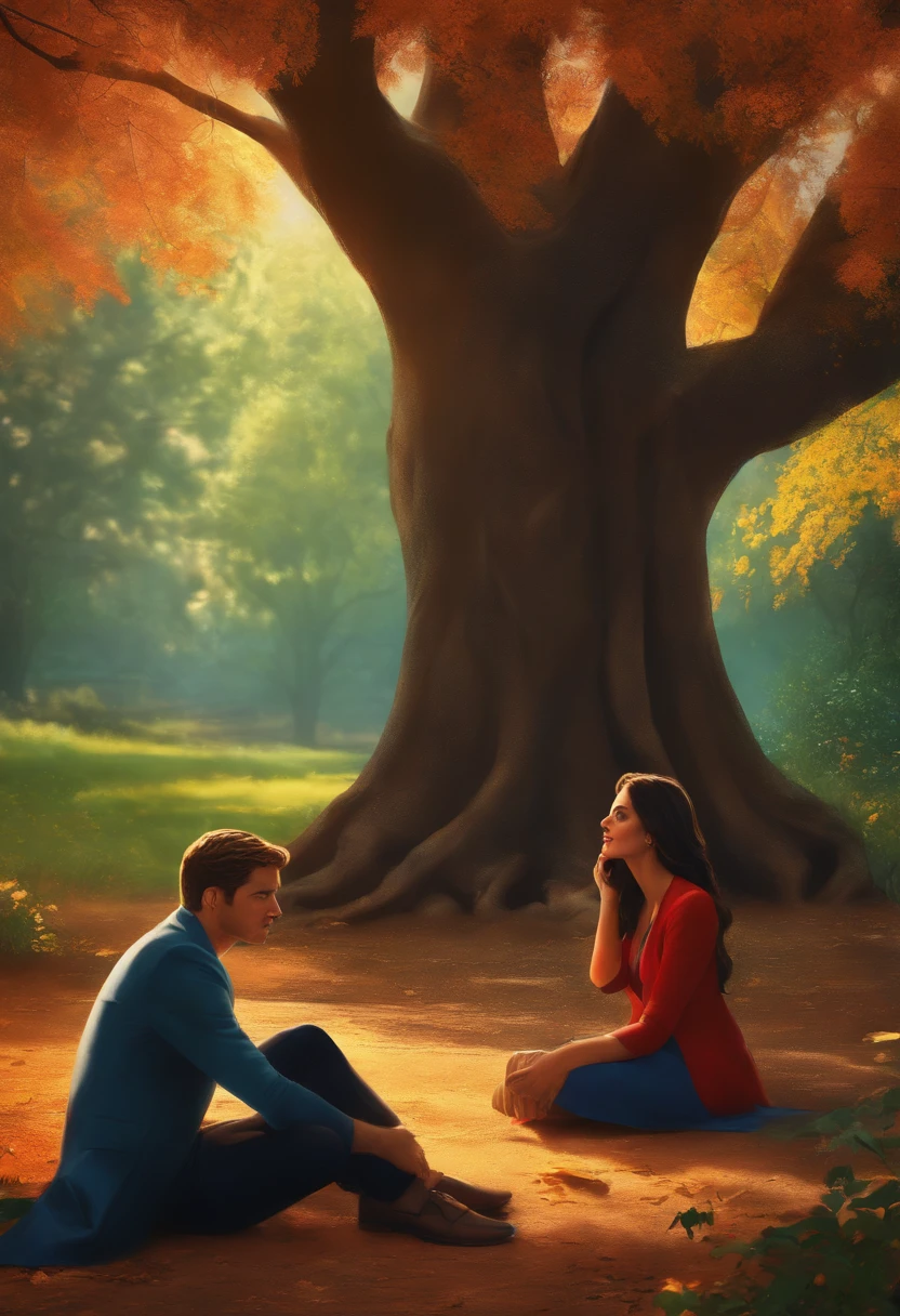 插圖: Olivia and Peter talking under a tree.