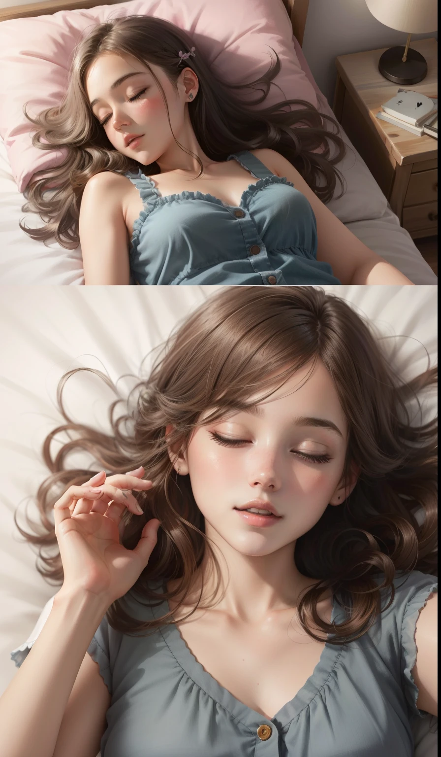 Sleeping Girl, 20 years old, Realistic,barechested, Expressions of satisfaction and relief, Brown hair. Pink bed theme and some cute stuffed animals on the bed,An ultra-high picture quality,high-detail,Awaken,