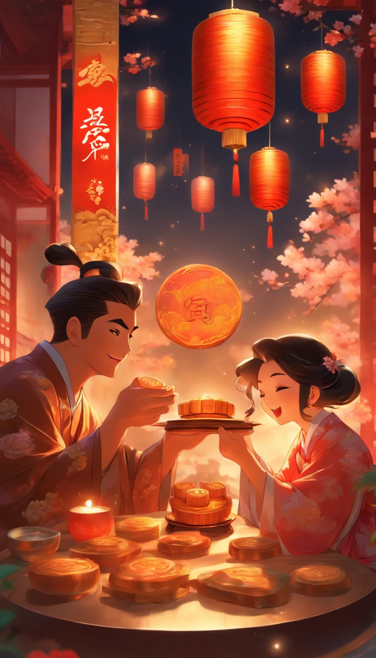 A family of three eating mooncakes,PARENT、,There are mooncakes on the table, Food in hand, tea drinking and paper lanterns, The moon is in the sky,Chinese style painting, exciting illustration
