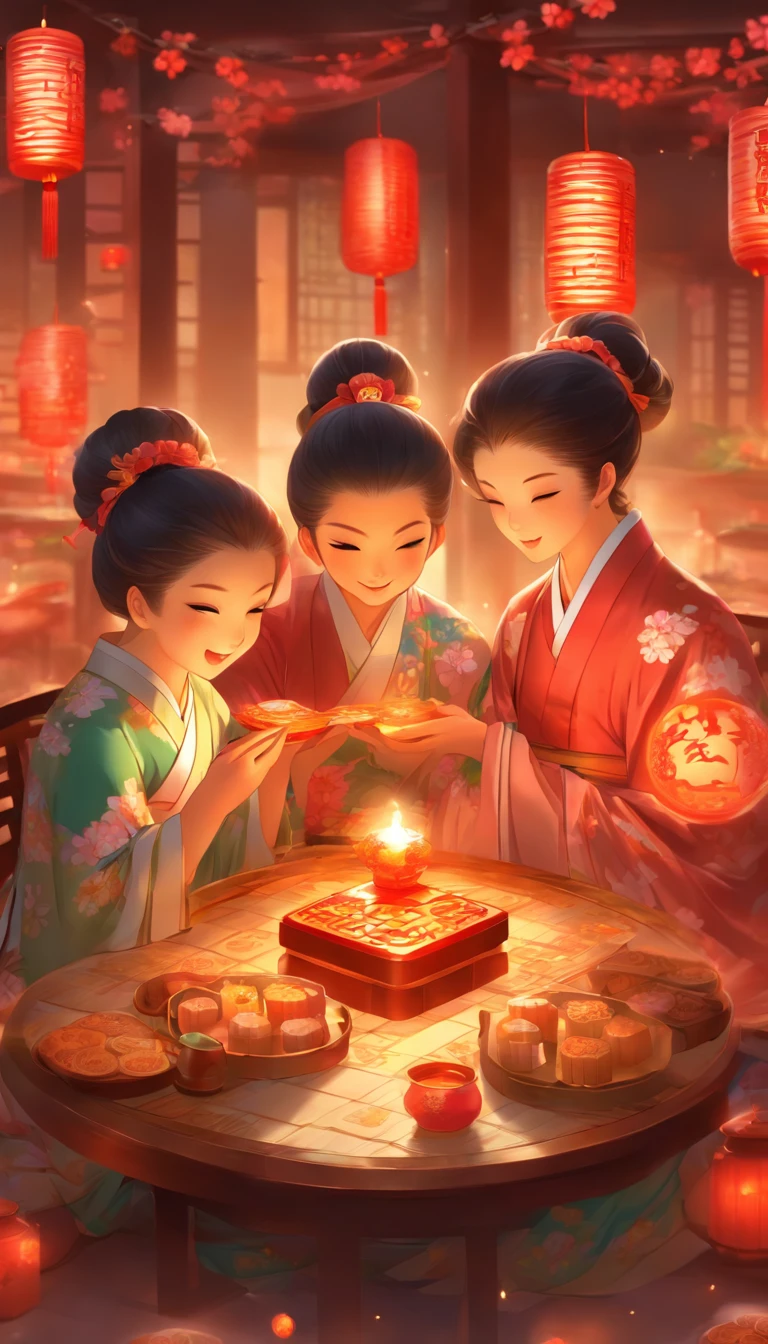 A family of three eating mooncakes，PARENT、child，There are mooncakes on the table, Food in hand, tea drinking and paper lanterns, The moon is in the sky,Chinese style painting, exciting illustration