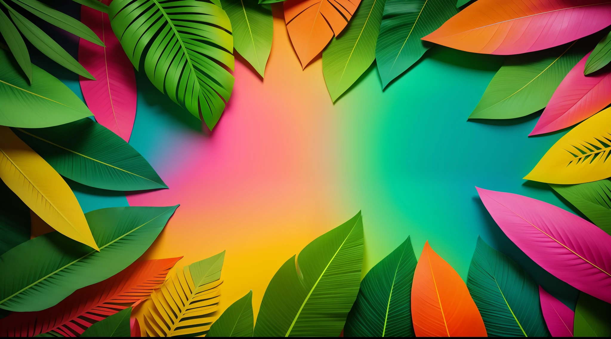 Creative fluorescent color layout made of tropical leaves. Flat lay neon colors. Nature concept