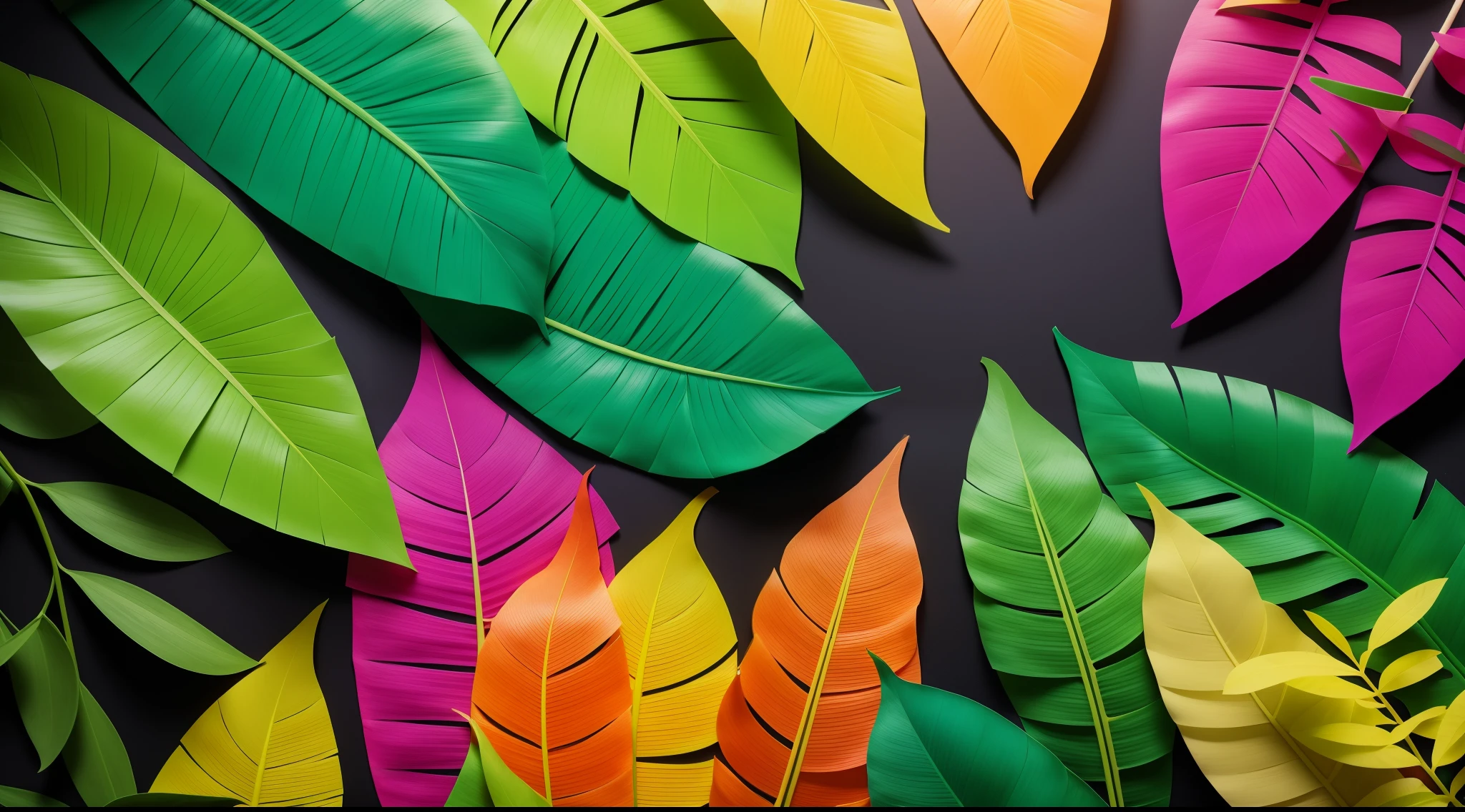 Creative fluorescent color layout made of tropical leaves. Flat lay neon colors. Nature concept