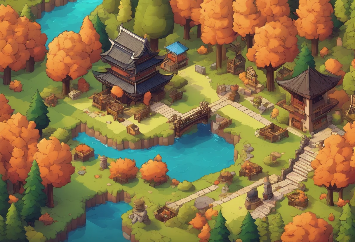 16-bit, 16-bit gaming, Pixel art, Japanese RPG battle scene, 80's games, Monster, ln the forest，Autumn scene，Small river，European-style countryside，Tano，