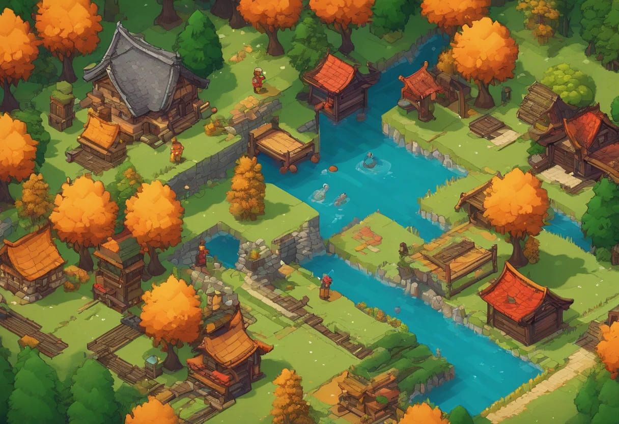 16-bit, 16-bit gaming, Pixel art, Japanese RPG battle scene, 80's games, Monster, ln the forest,Autumn scene,Small river,European-style countryside,Tano,