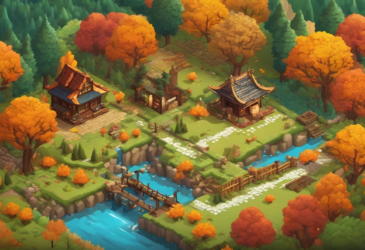 16-bit, 16-bit gaming, Pixel art, Japanese RPG battle scene, 80's games, Monster, ln the forest，Autumn scene，Small river，European-style countryside，Tano，