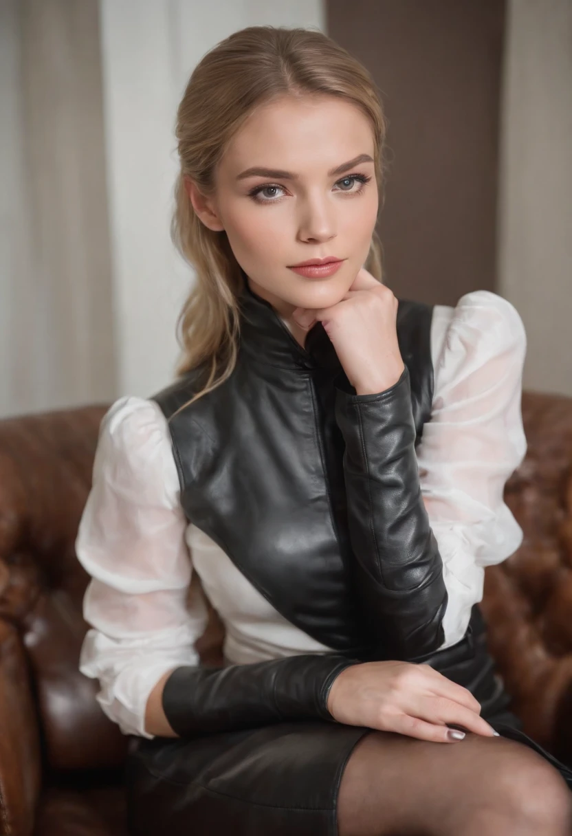 Black leather gloves with five fingers in both hands, black leather tight skirt, white blouse, black leather long boots, sit on a luxurious leather chair with your feet together, both hands of leather gloves are aligned on your knees, American cute blonde girl actress with her hair tied behind her back