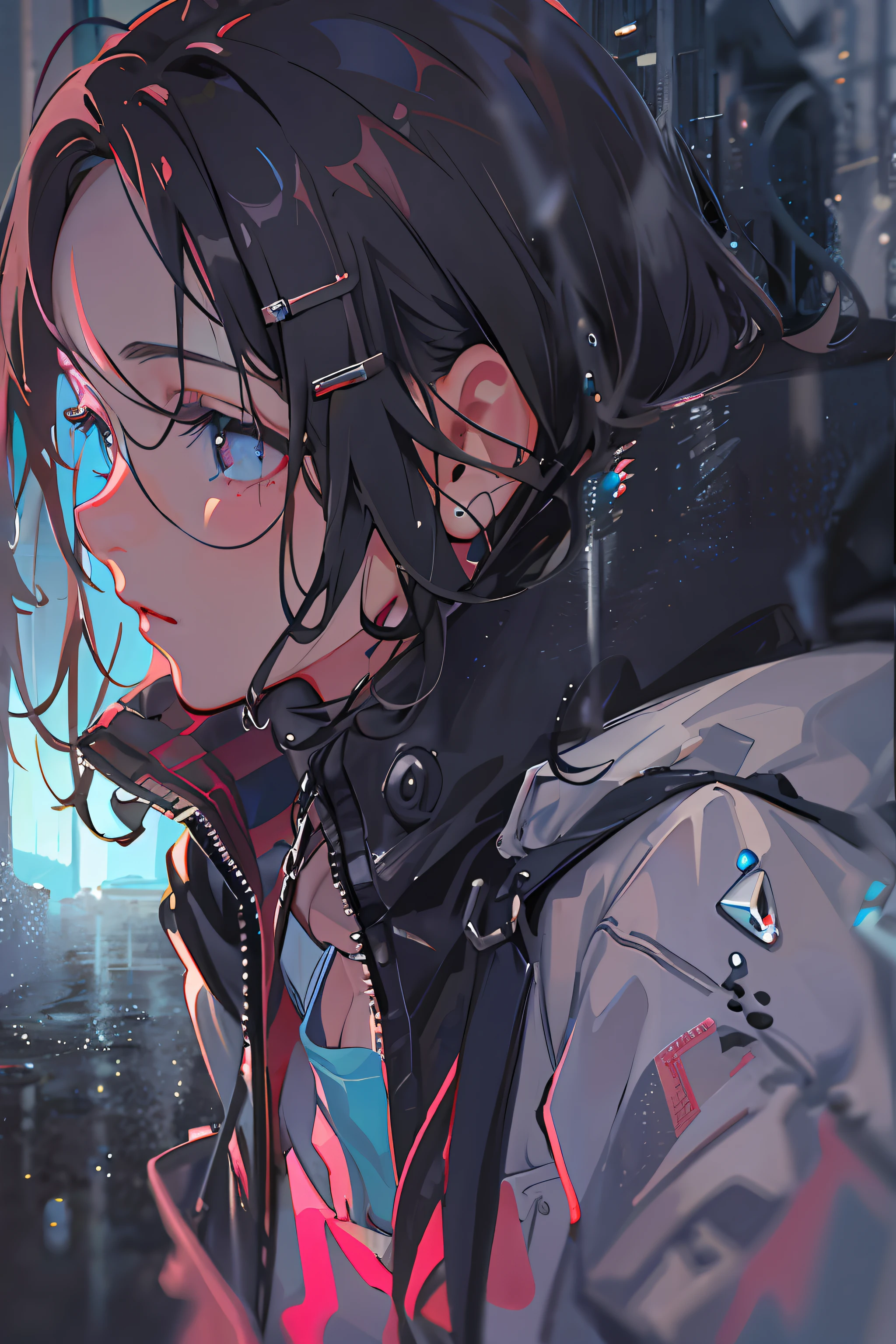 1girl, jacket, rain, outdoor, hoodie, open jacket, chain, backpack, looking at another, messy hair, trending on artstation, 8k resolution, highly detailed, anatomically correct, sharp image, digital painting, concept art, trending on pixiv, style of makoto shinkai,
