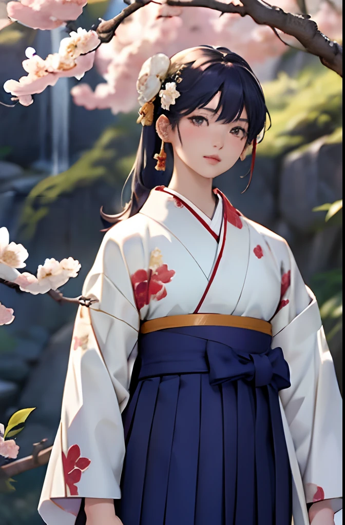 top-quality、masterpiece、超A high resolution、(Realistic:1.4)、Anime style、女の子 1 人、ars、Floral hair ornament、Standing、Large brushes、Calligraphy Performance、White jacket and navy blue hakama、Wear Hakama、Plum tree、Plum blossoms